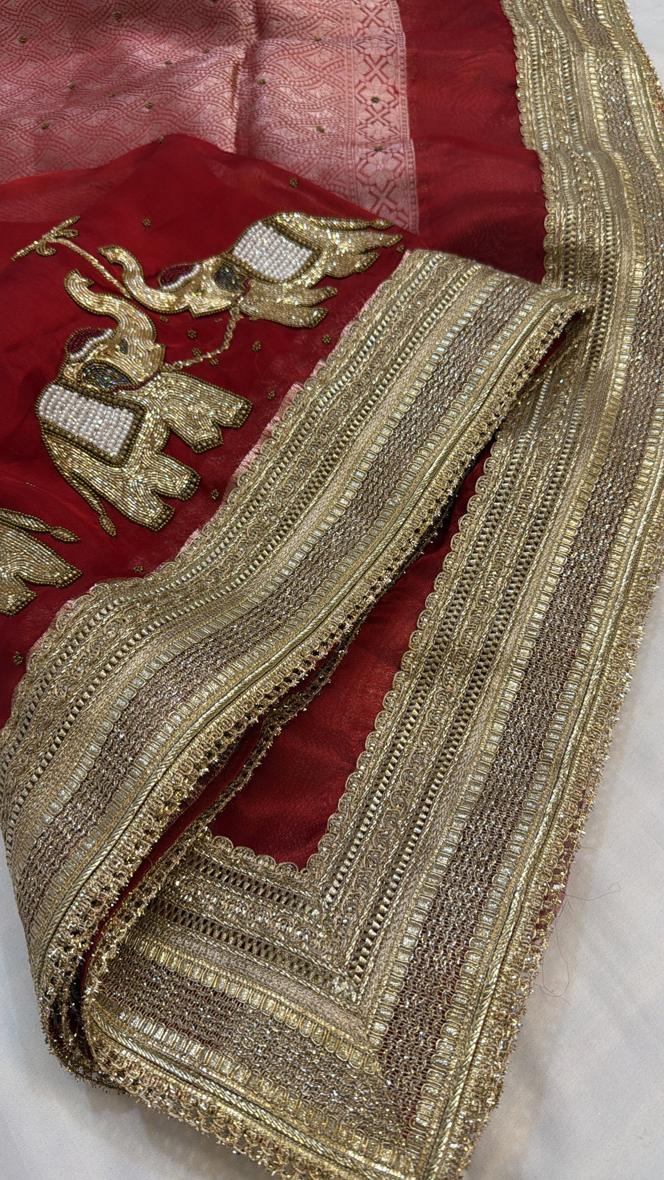 Varmala wali sarees - Midnight blood red tissue silk elephant motif heavy hand embroidered saree