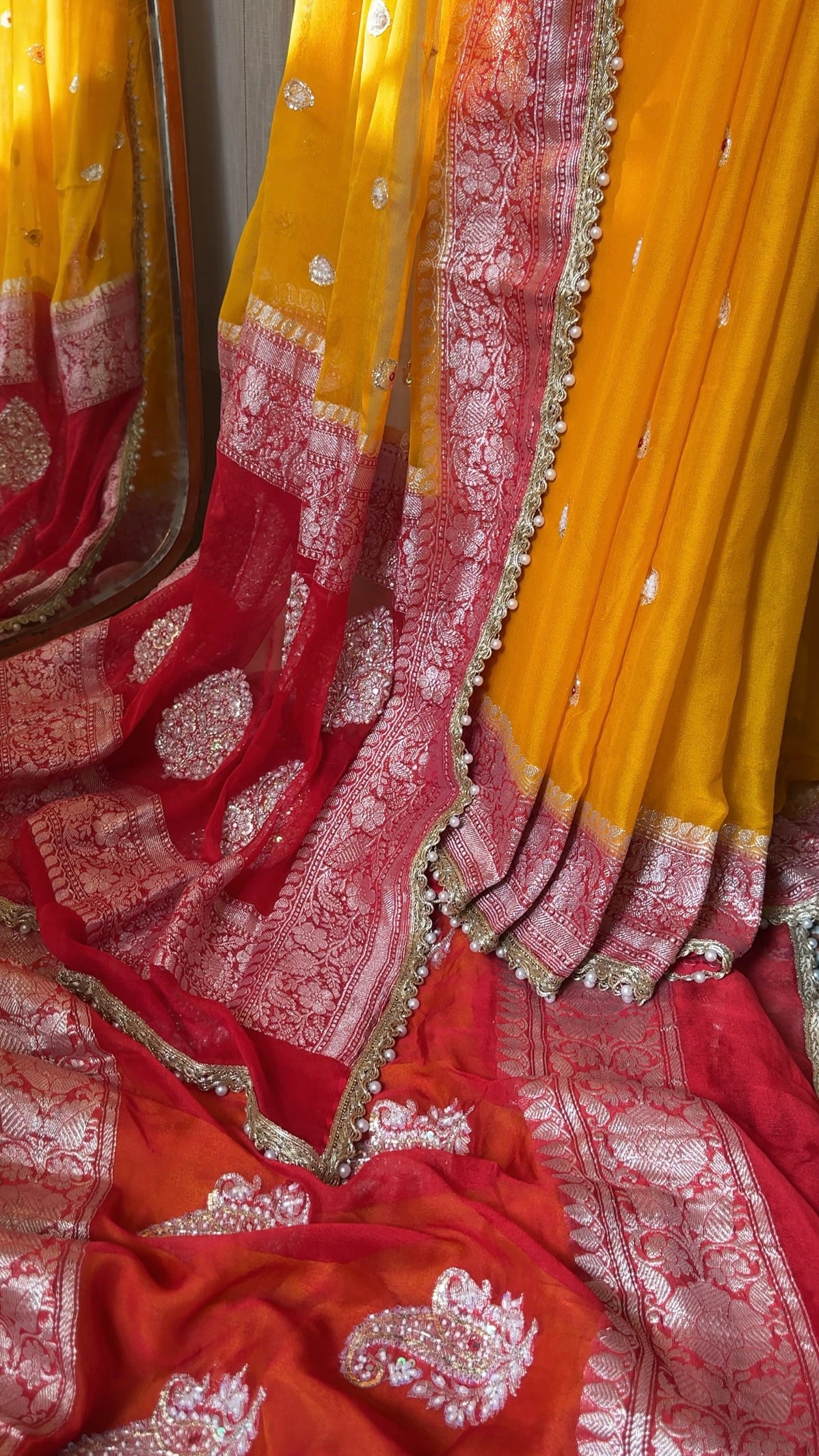 Poonam inspired muhdikhai wali chiffon gorgette banarasi hand embroidered saree