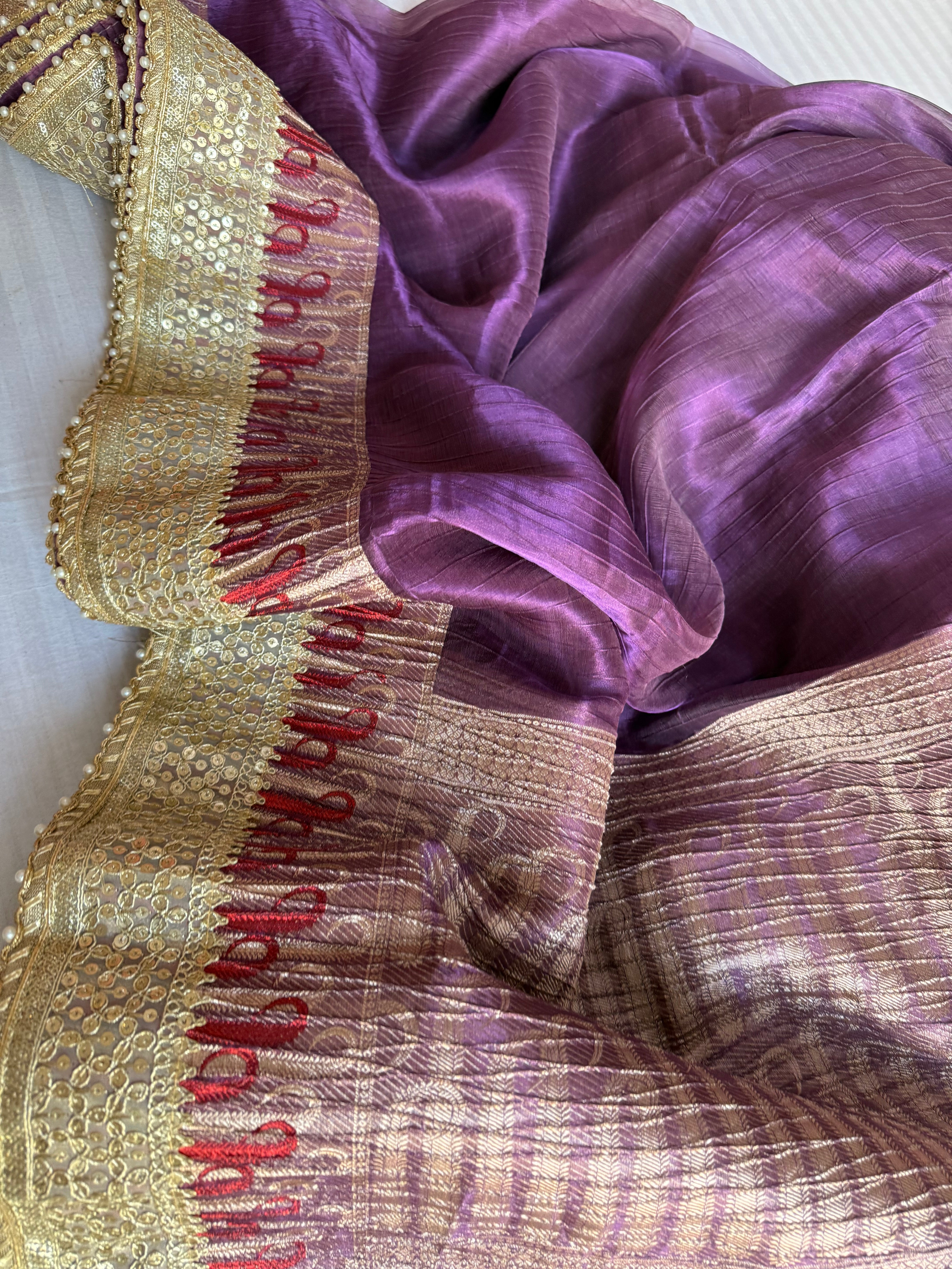 Midnight dhup chao purple pleated maharani tissue silk saree