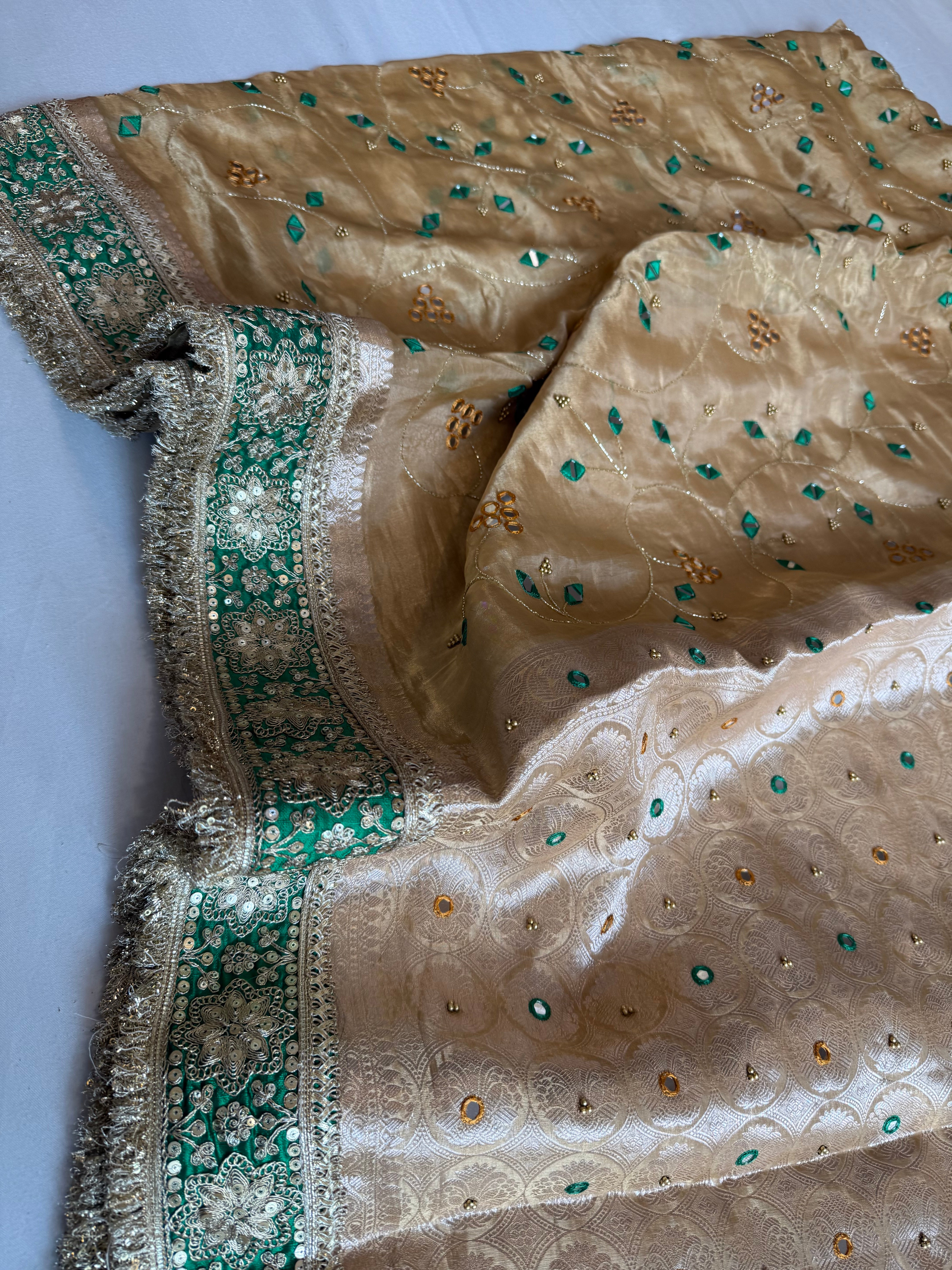 Sheesham edit - Heavy double tissue silk mirror work hand embroidered saree