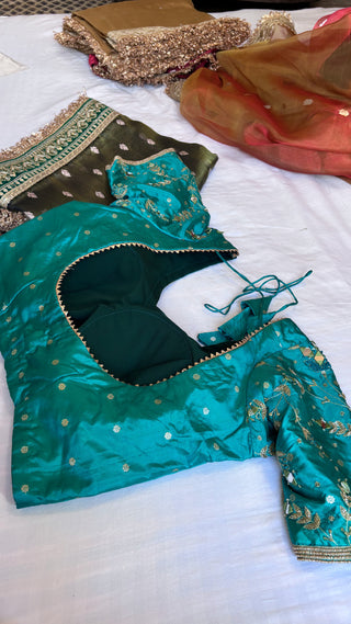 Sitara teal blue stitched hand embroidered blouse piece                SIZE - 36 to 38