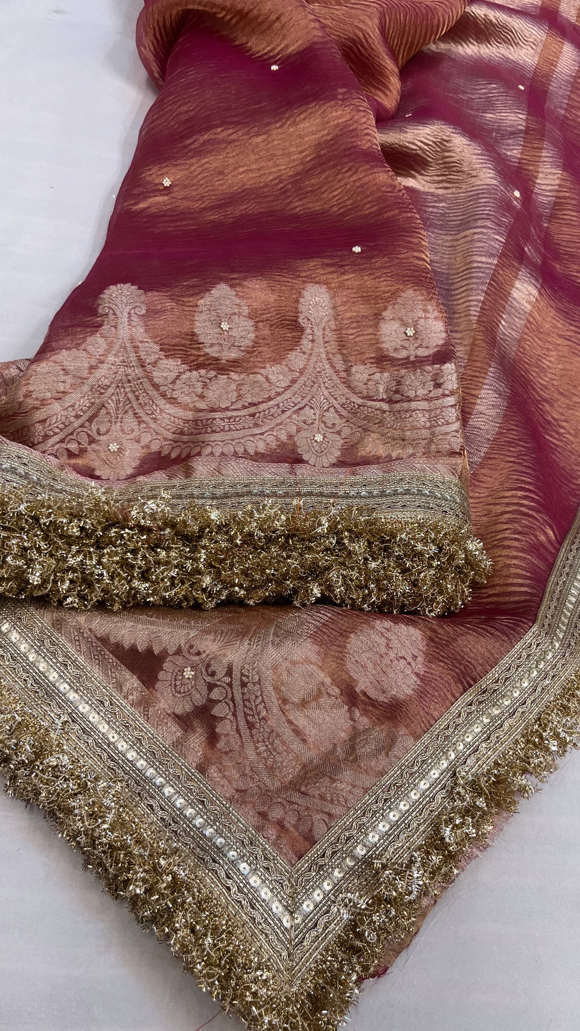 Husn cherry pink tissue silk hand embroidered saree