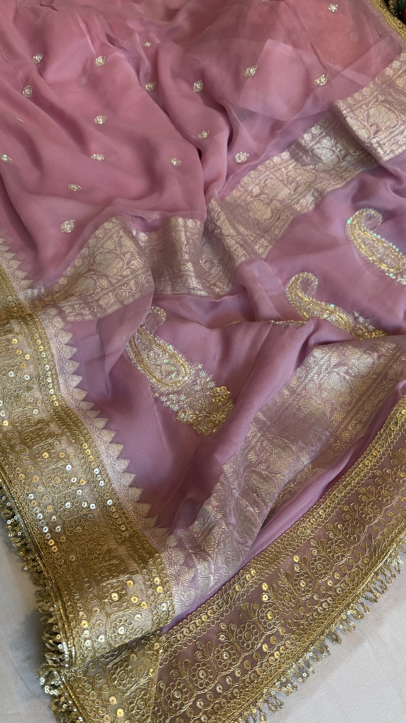 Paro banarasi chiffon gorgette hand embroidered kadhwa saree