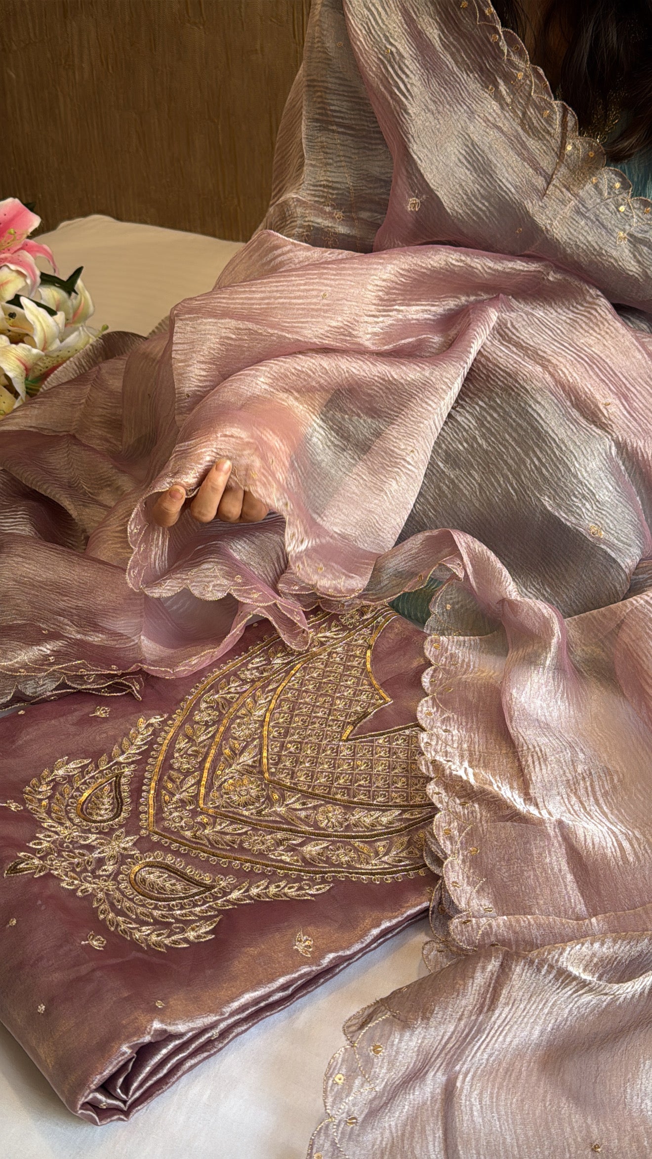 Dusty mouve diamond tissue silk jadau work inspired hand embroidered suit sets