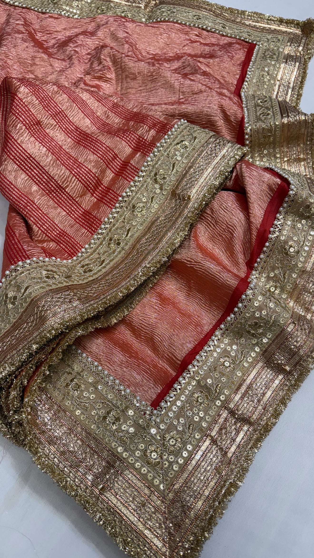 Moonga crushed tissue silk bridal red saree