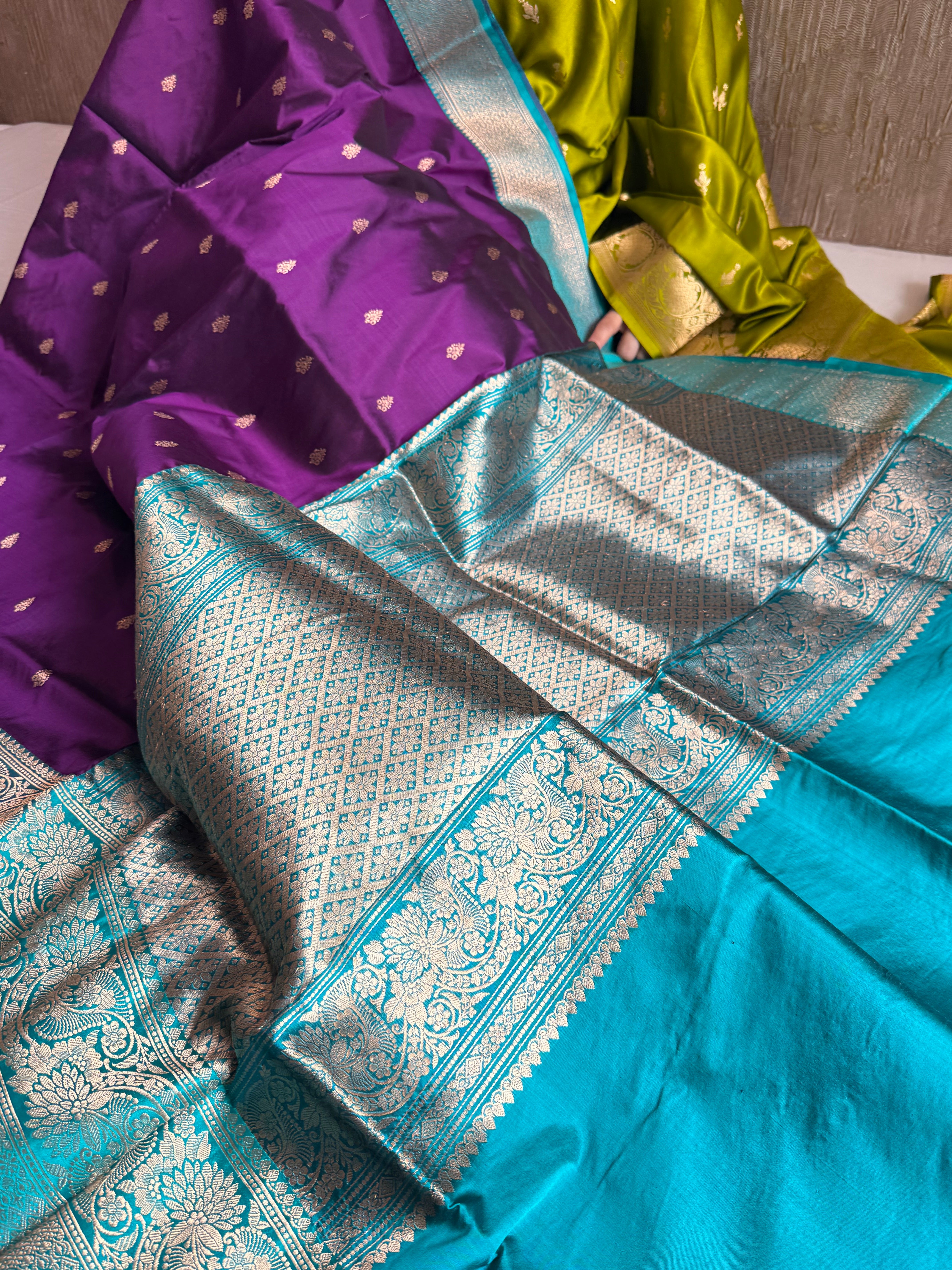 brinjal purple-firozi contrast combination blue katan silk kadhwa saree