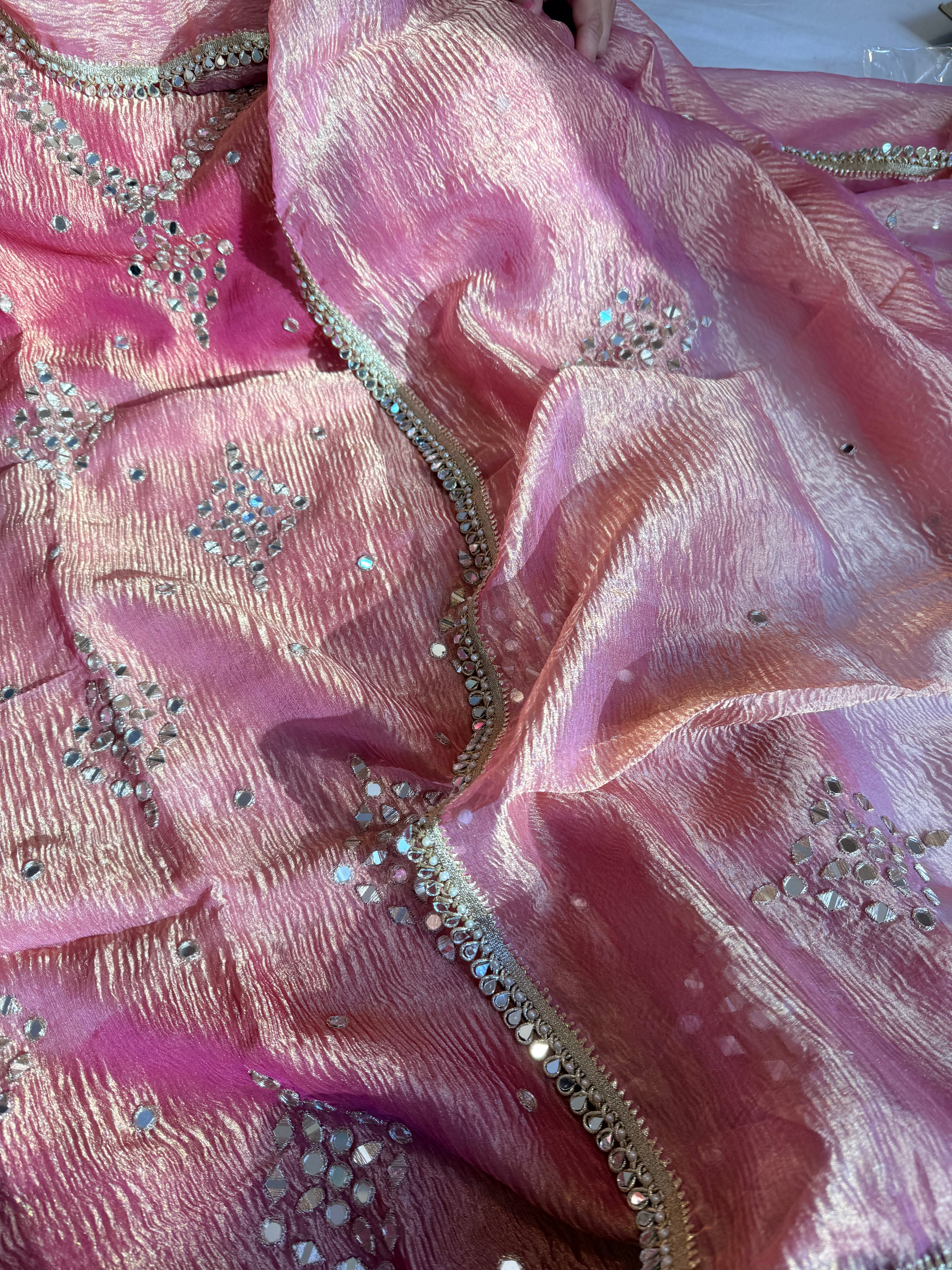 Banarasi tissue silk mirrorwork hand embroidered crushed suit sets