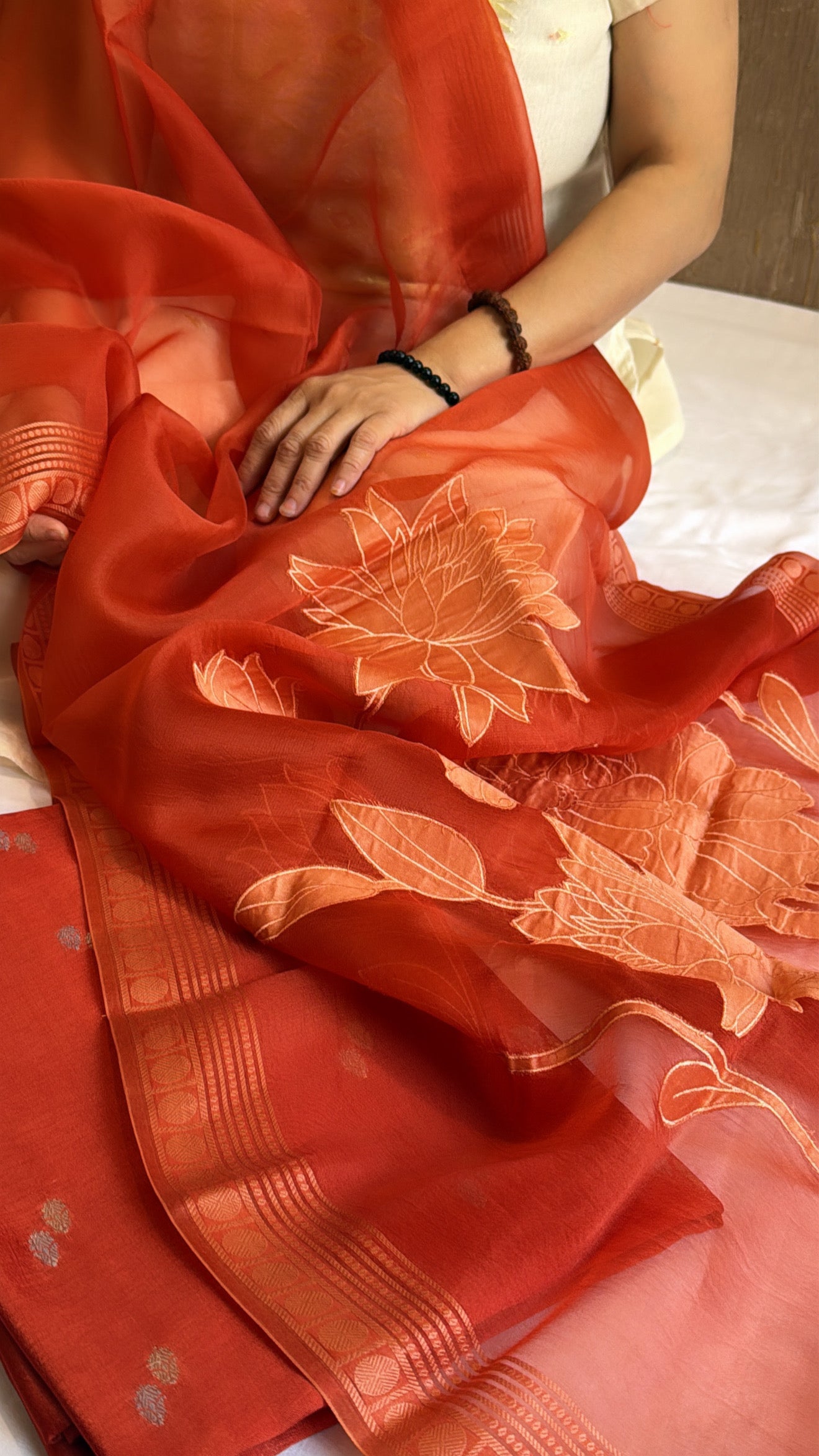 Rustic fanta orange kora silk appliqué work duppata paired with chiniya silk kurta set