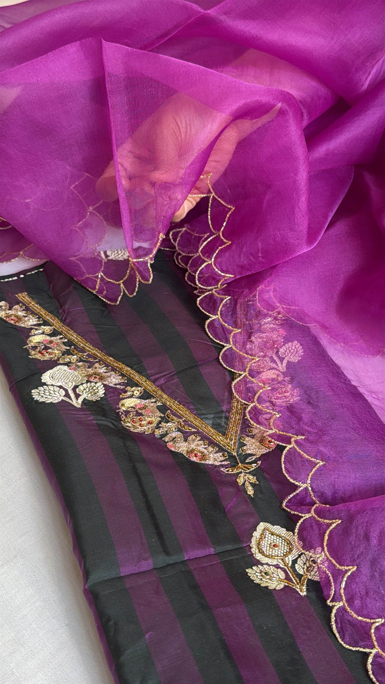 Grapewine purple-black dhup chao effect katan silk kurta paired with kora silk scalloped duppata set