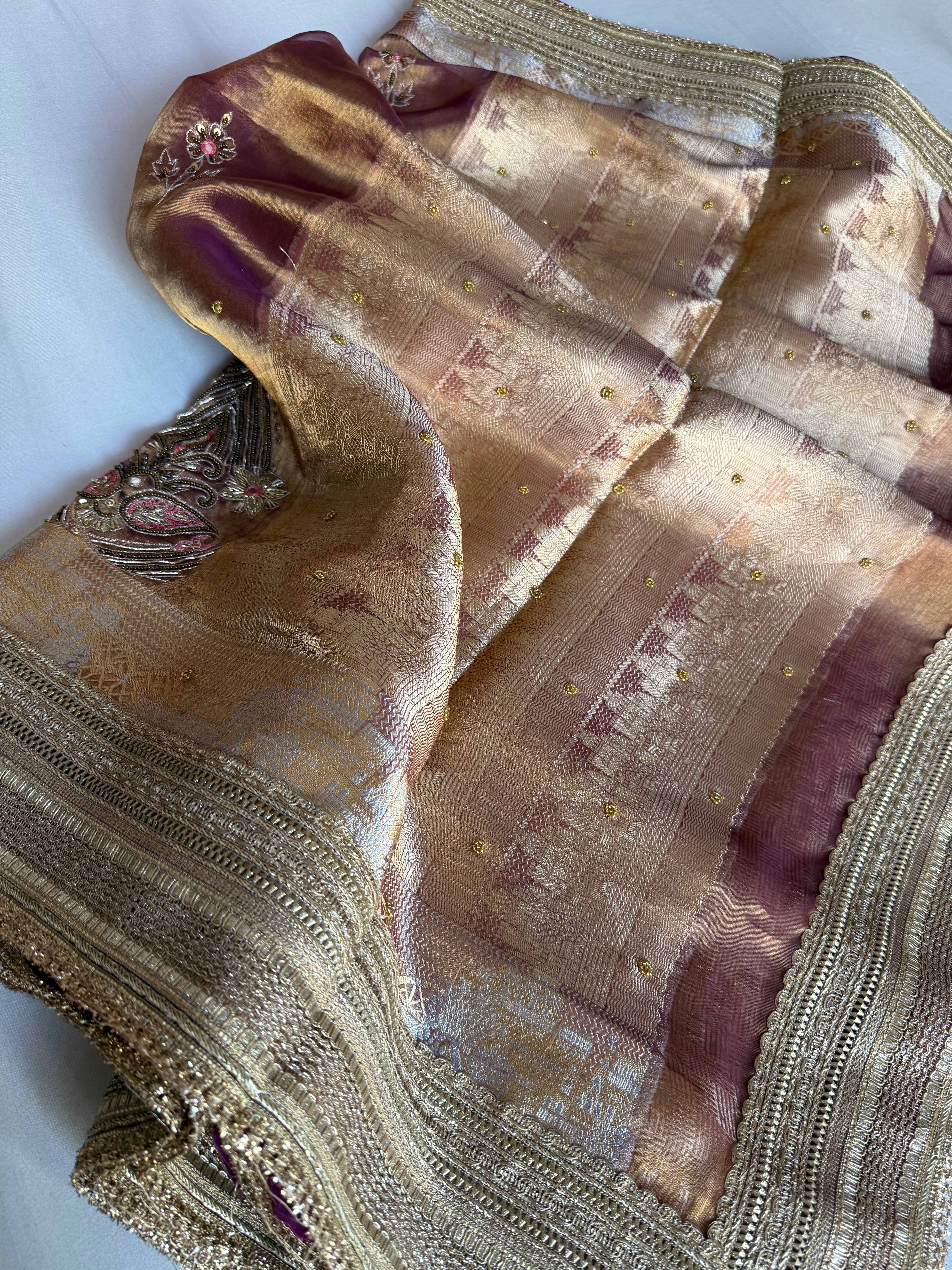 Mughal motif inspired- Kanjivaram purple dhup chao effect husn tissue silk hand embroidered saree