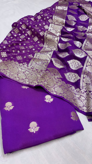 Bright purple banarasi gorgette kadhwa suit set