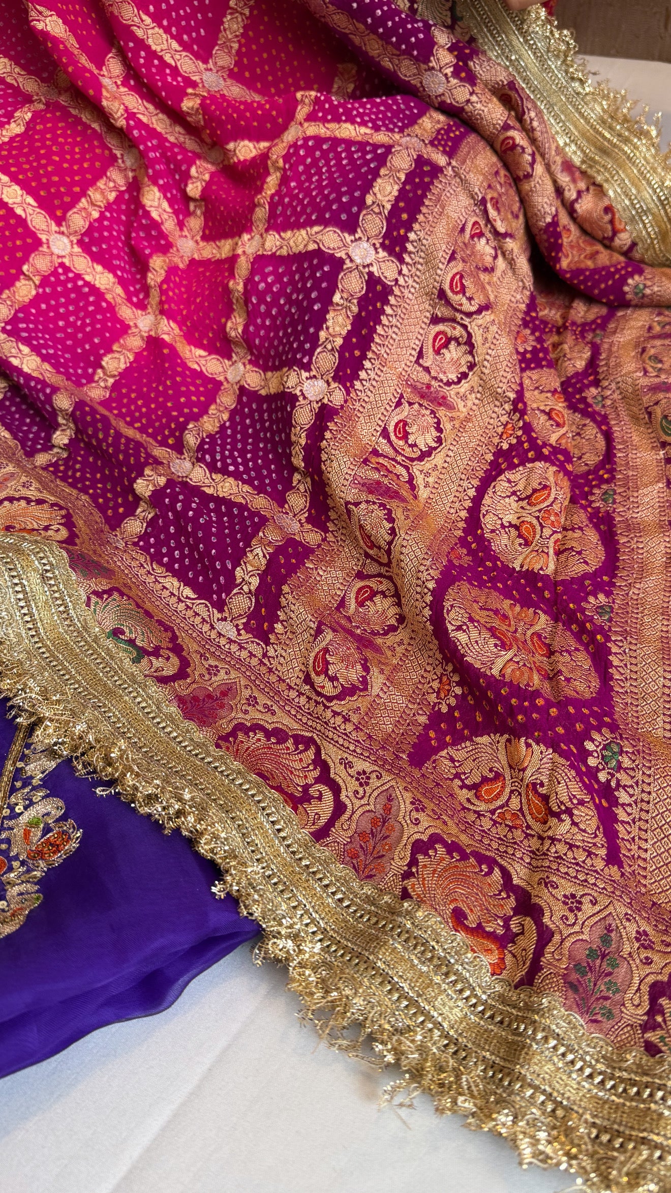 Rai bandhej gorgette kadhwa hand embroidered suit set