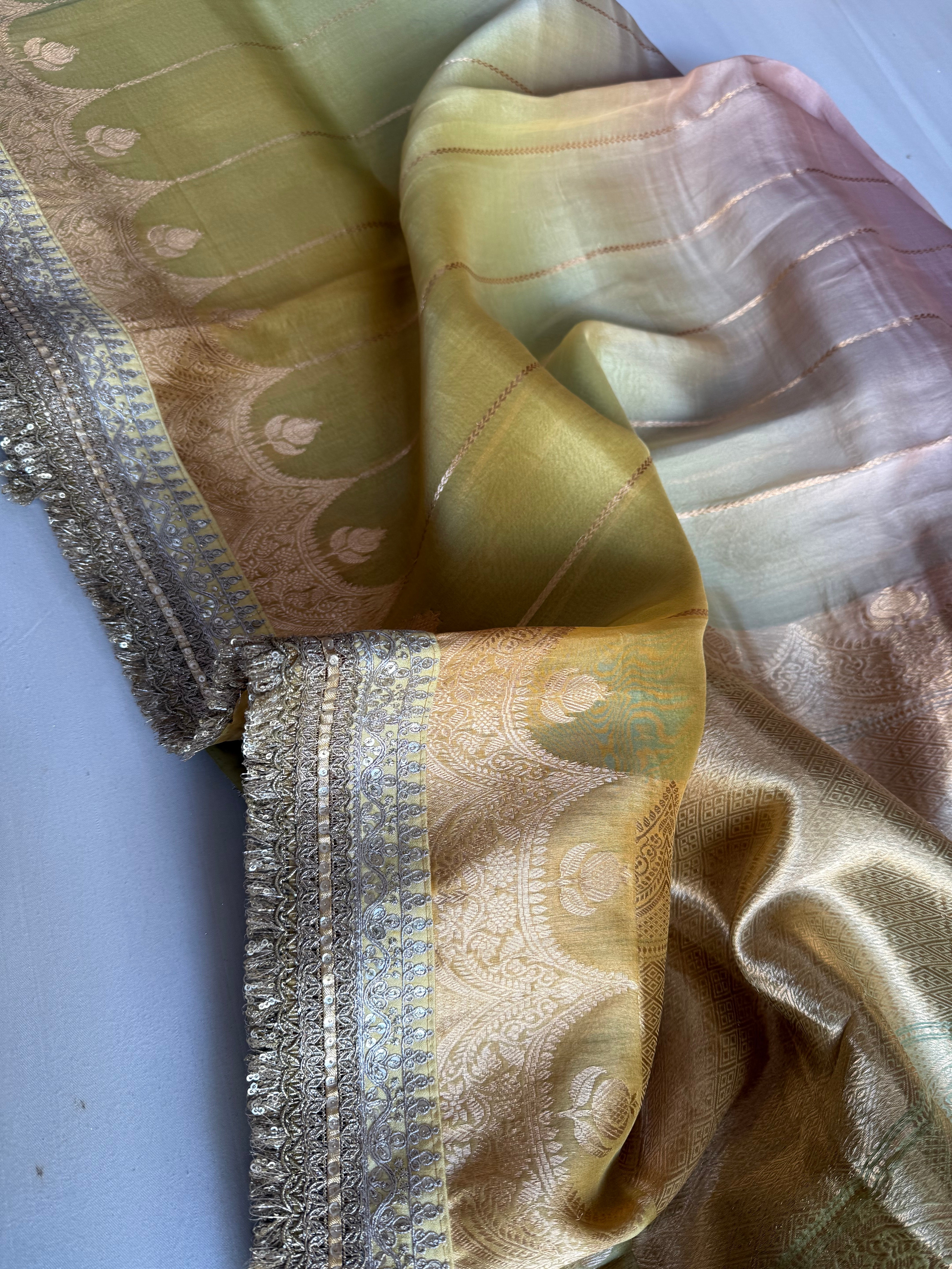 Rang-birangi banarasi kora silk multicoloured shaded kadhwa saree
