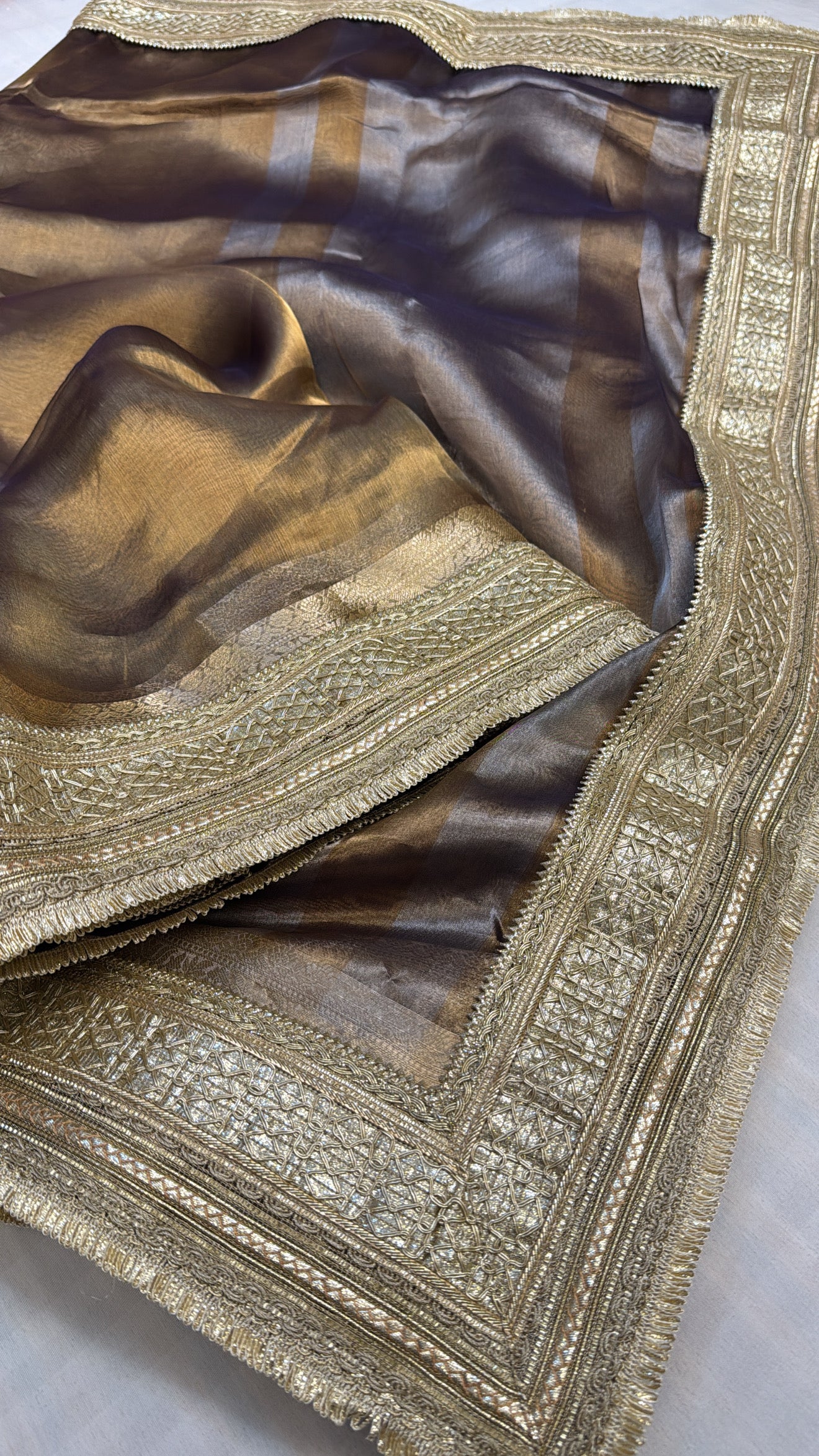 Maharani kanjivaram grey tissue silk kadhwa gotapatti saree