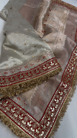 Diamond tissue silk chunri buti hand embroidered panetar saree