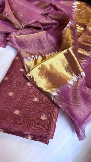 Pure banarasi plum crushed tiisue silk kadhwa sona rupa meenedar buti three piece suit set