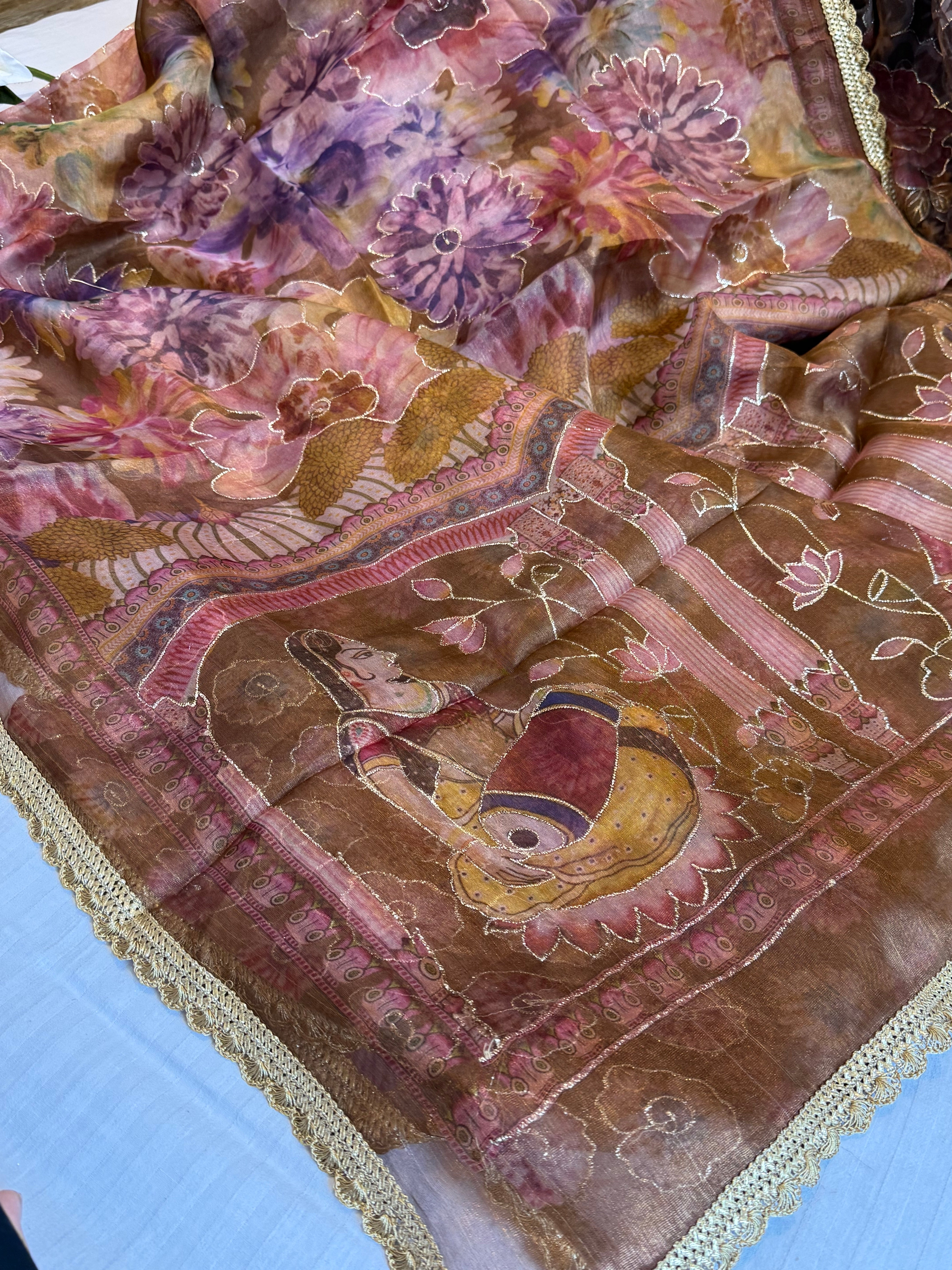 Printed banarasi tissue silk hand embroidered kadhwa saree