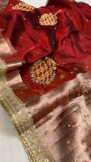 “Sagaai ki saree” — Rose red tissue silk hand embroidered kadhwa saree