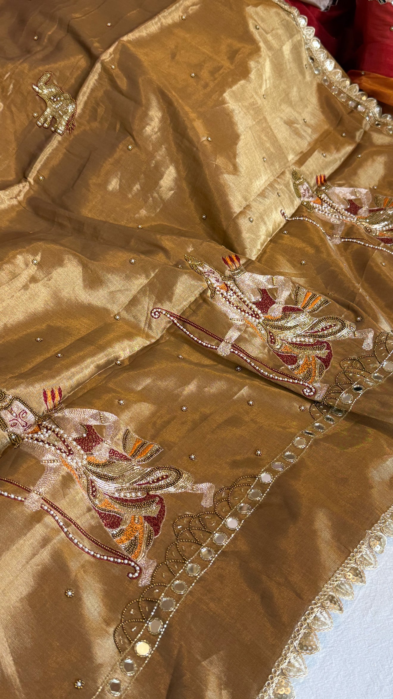 Satin tissue silk soft antique gold hand embroidered kadhwa saree