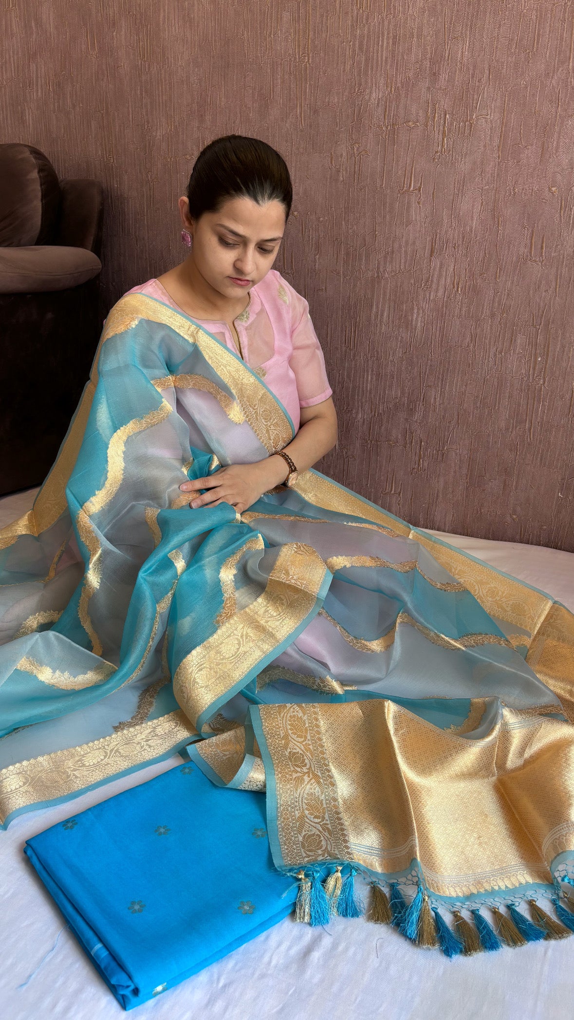 Ice water blue rangkaat moonga silk kurta paired with kora silk duppata and bottom set