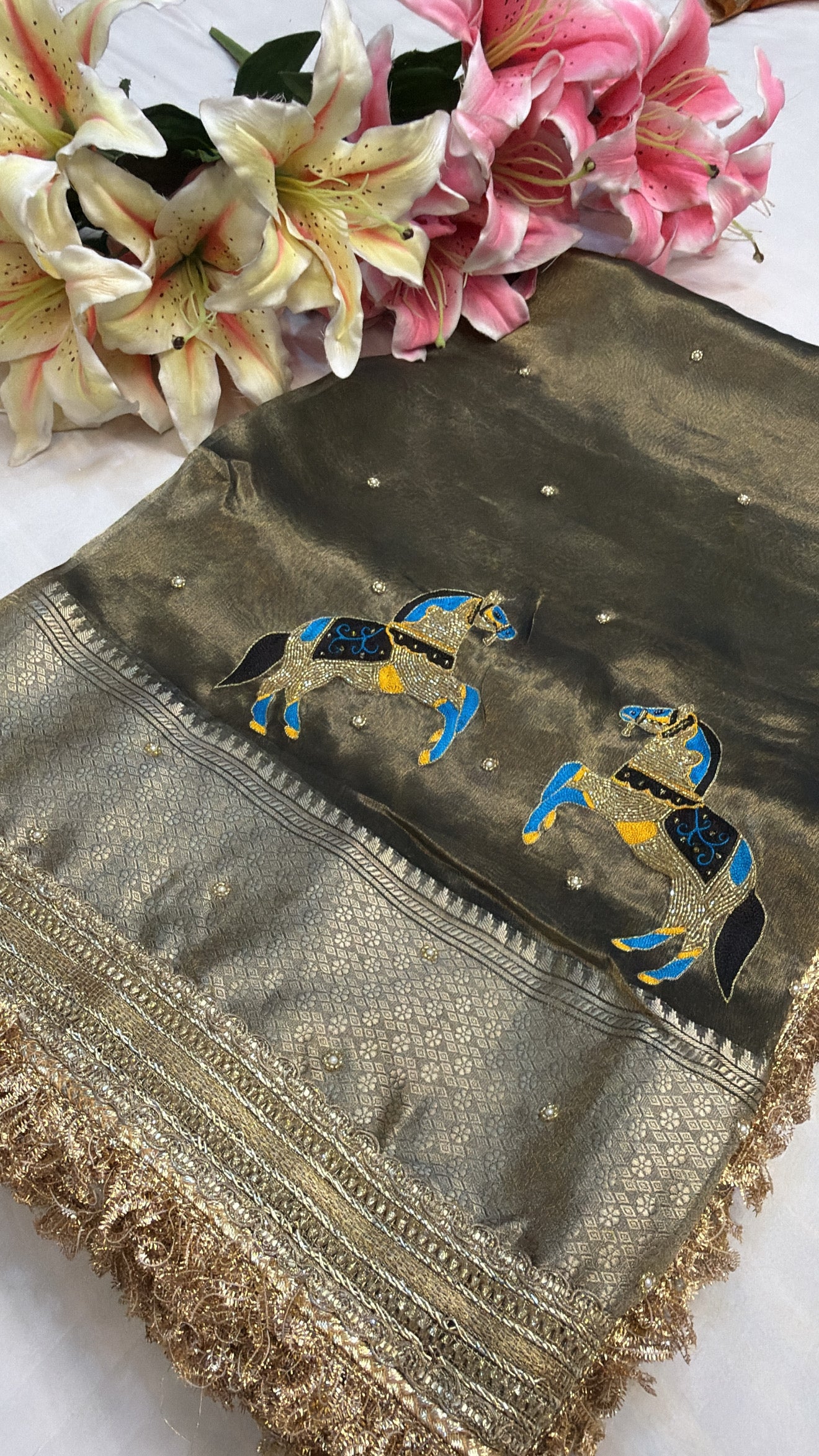 Molten charcoal gold tissue silk horse motif hand embroidered kadhwa saree