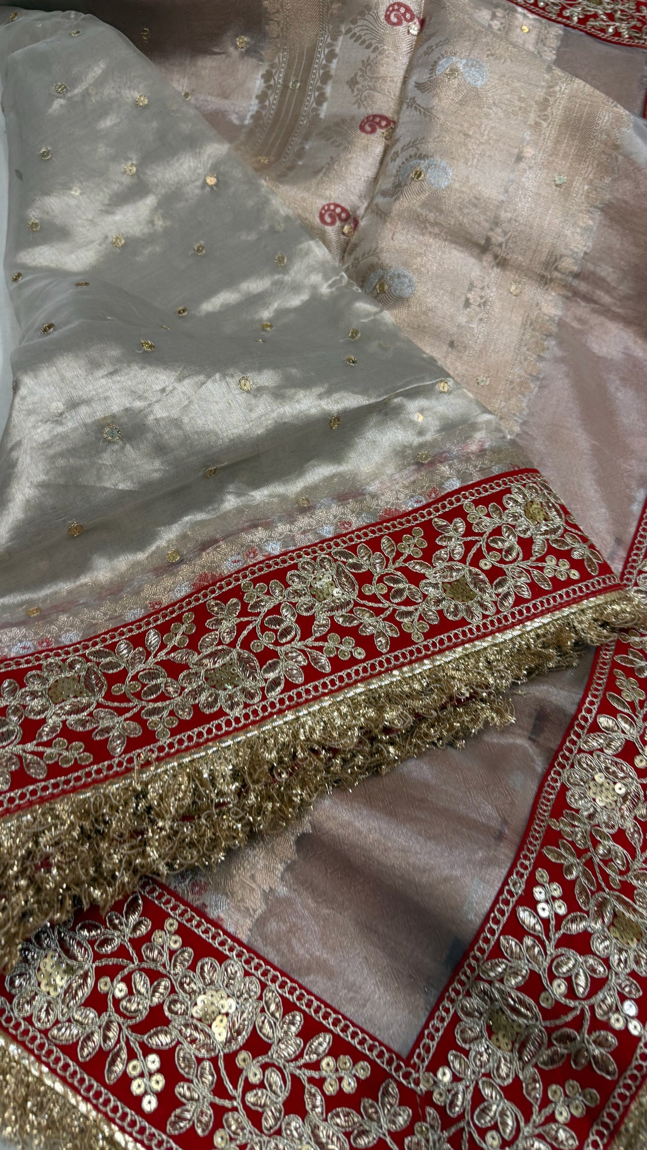 Diamond tissue silk chunri buti hand embroidered panetar saree