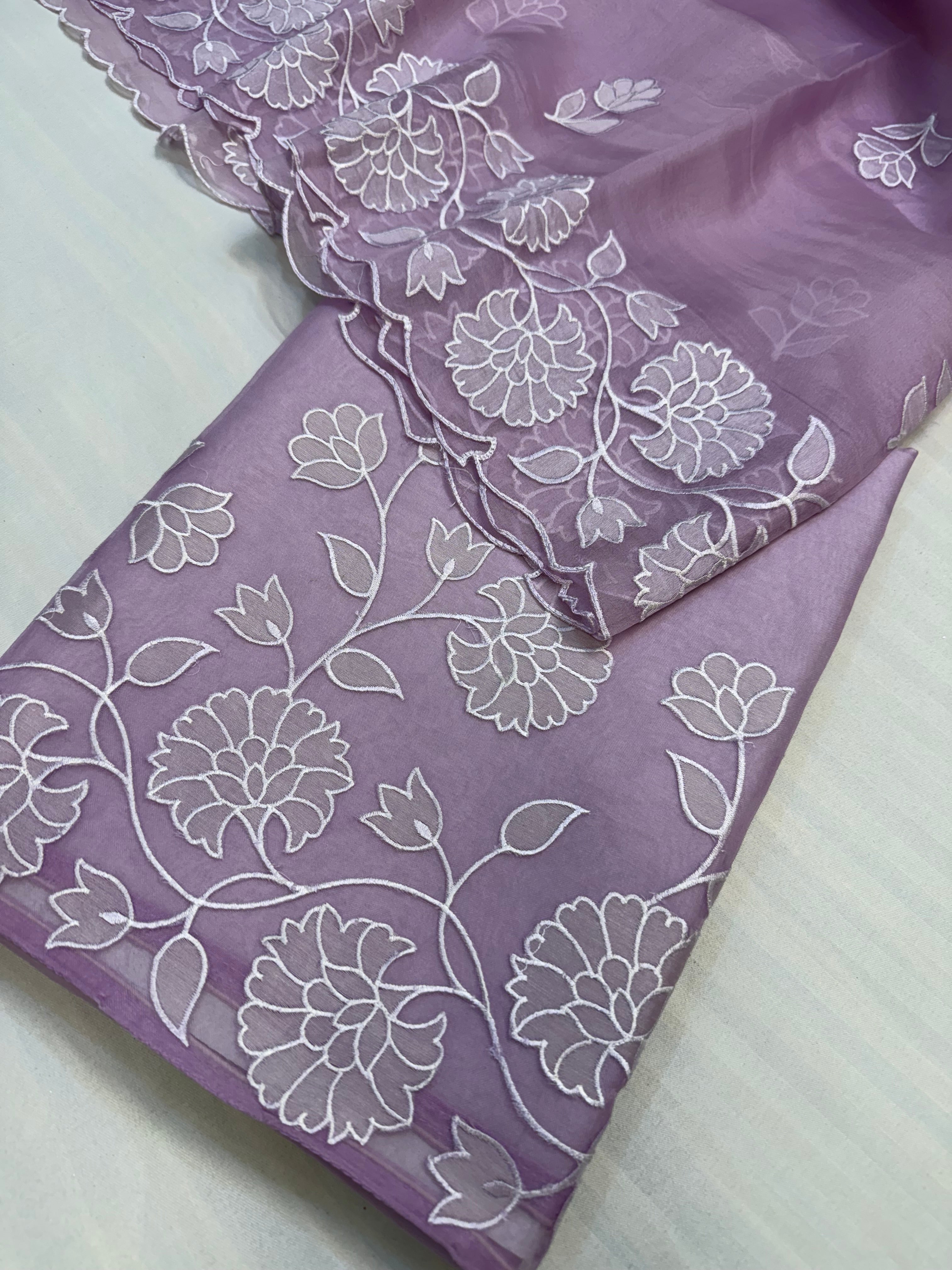 Dreamy lilac kora silk hand embroidered appliqué work suit set
