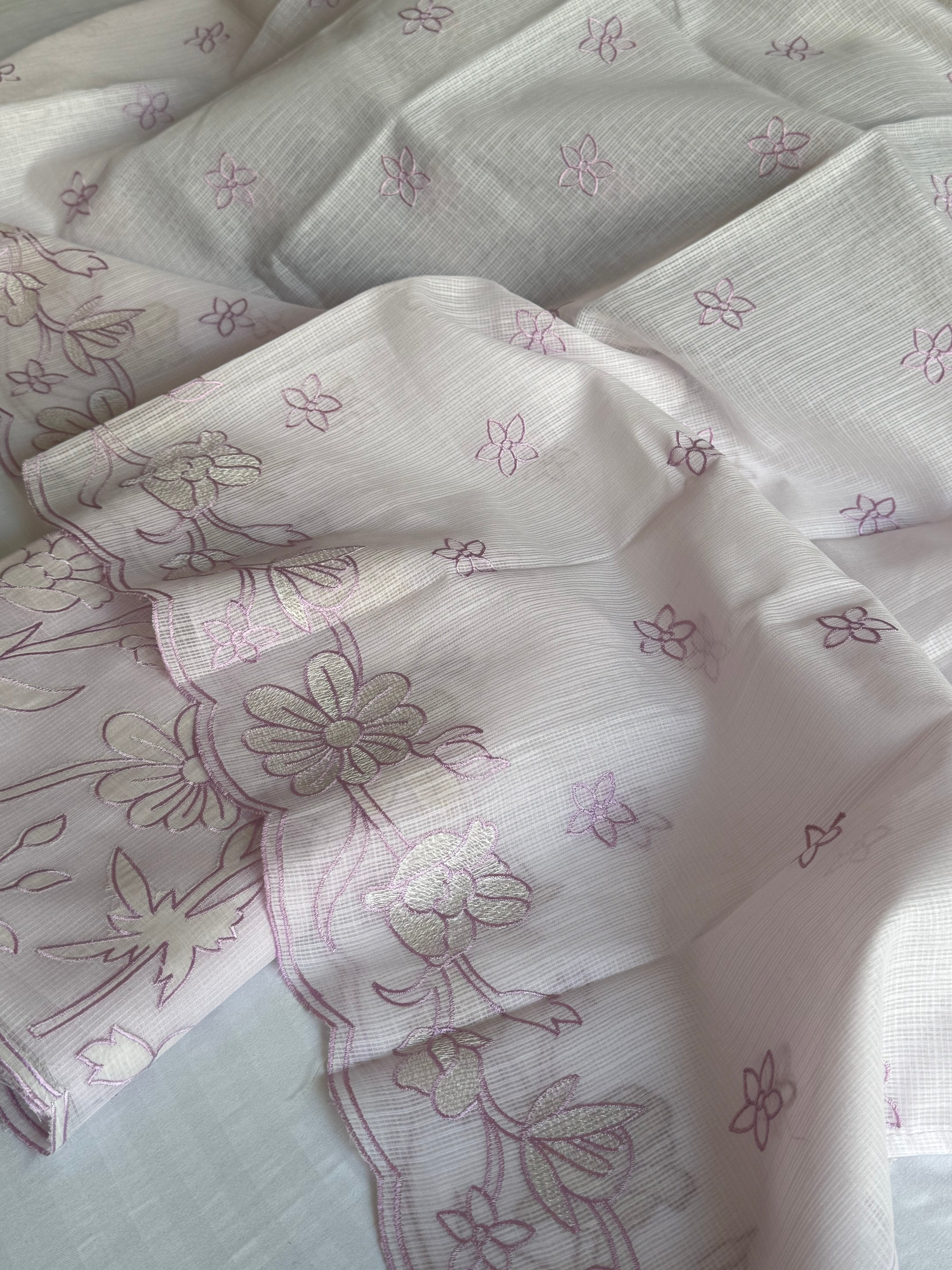 Powder pink kota check appliqué work hand embroidered kadhwa suit set