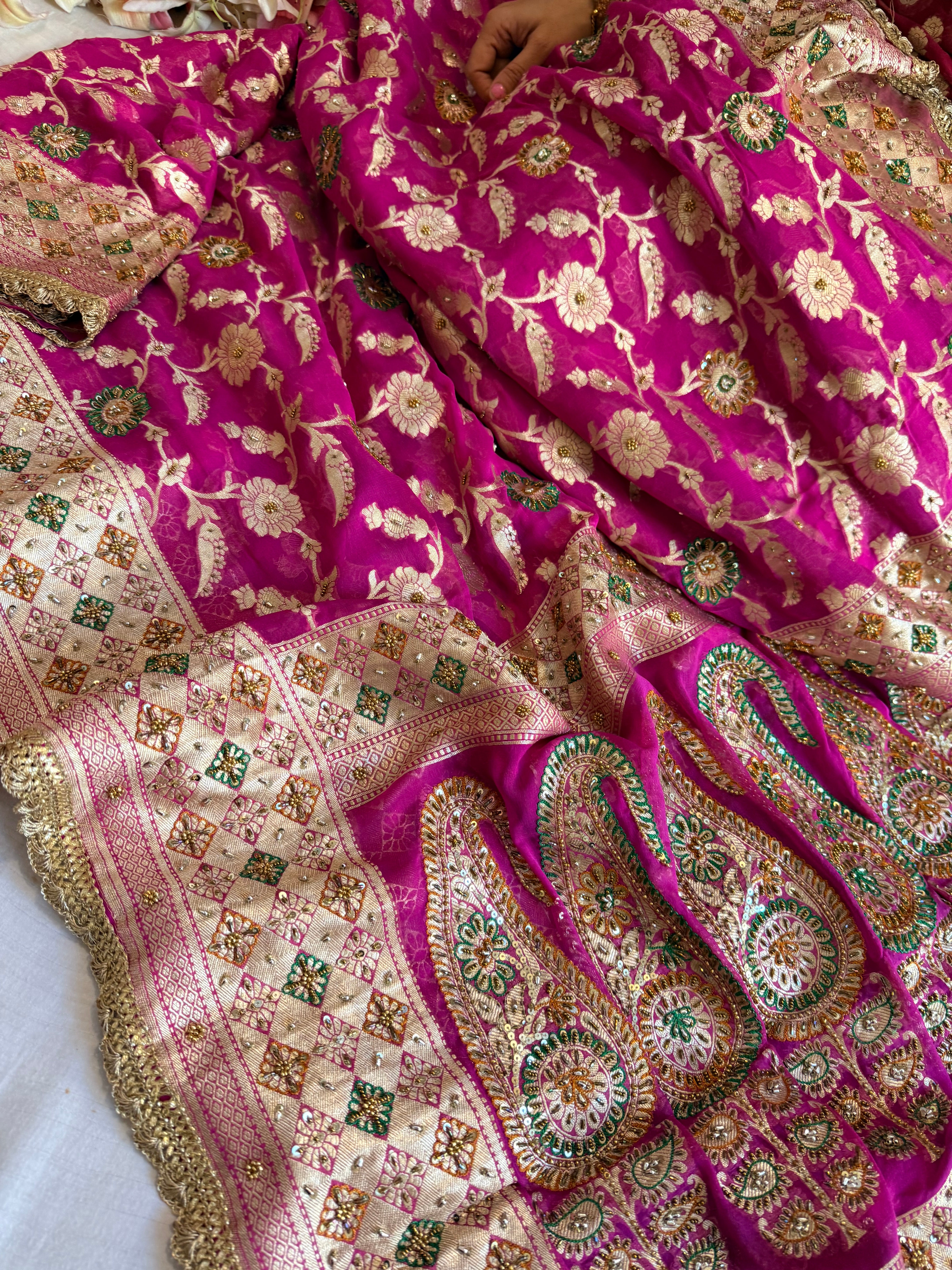 Banarasi chiffon gorgette rani pink hand embroidered kadhwa saree