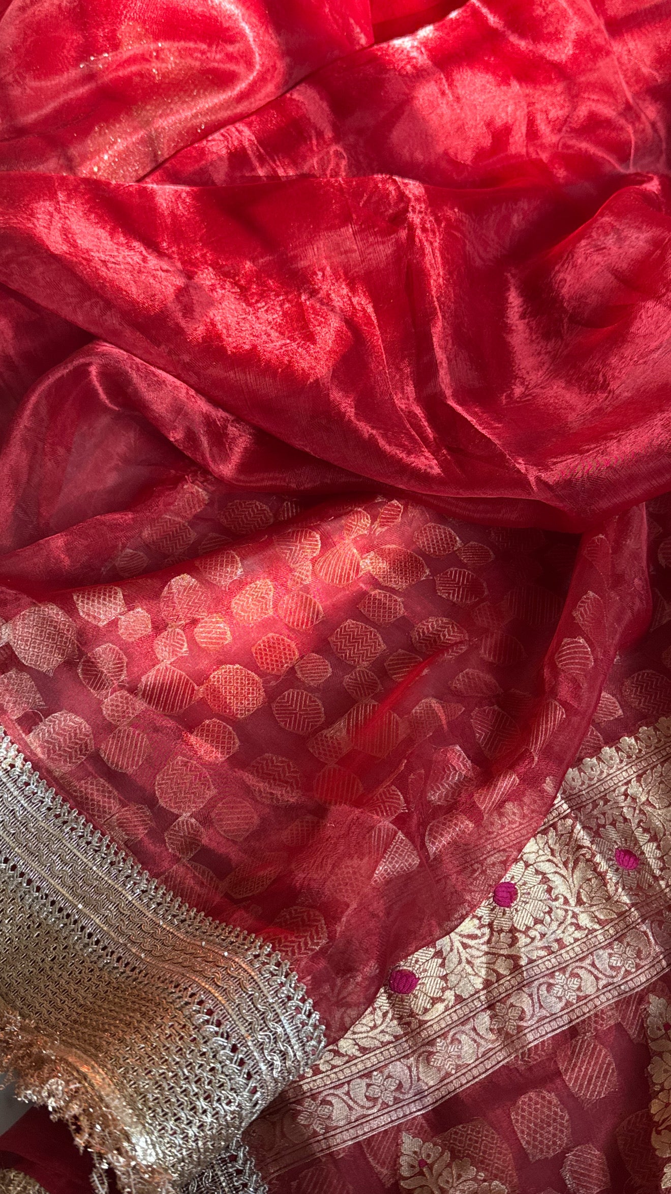 Teej special - Blood red tissue silk heavy meenakari pallu kadhwa saree