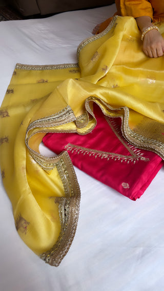 blood red-golden yellow kadhwa hand embroidered suit set from vyaah wala ghar edit