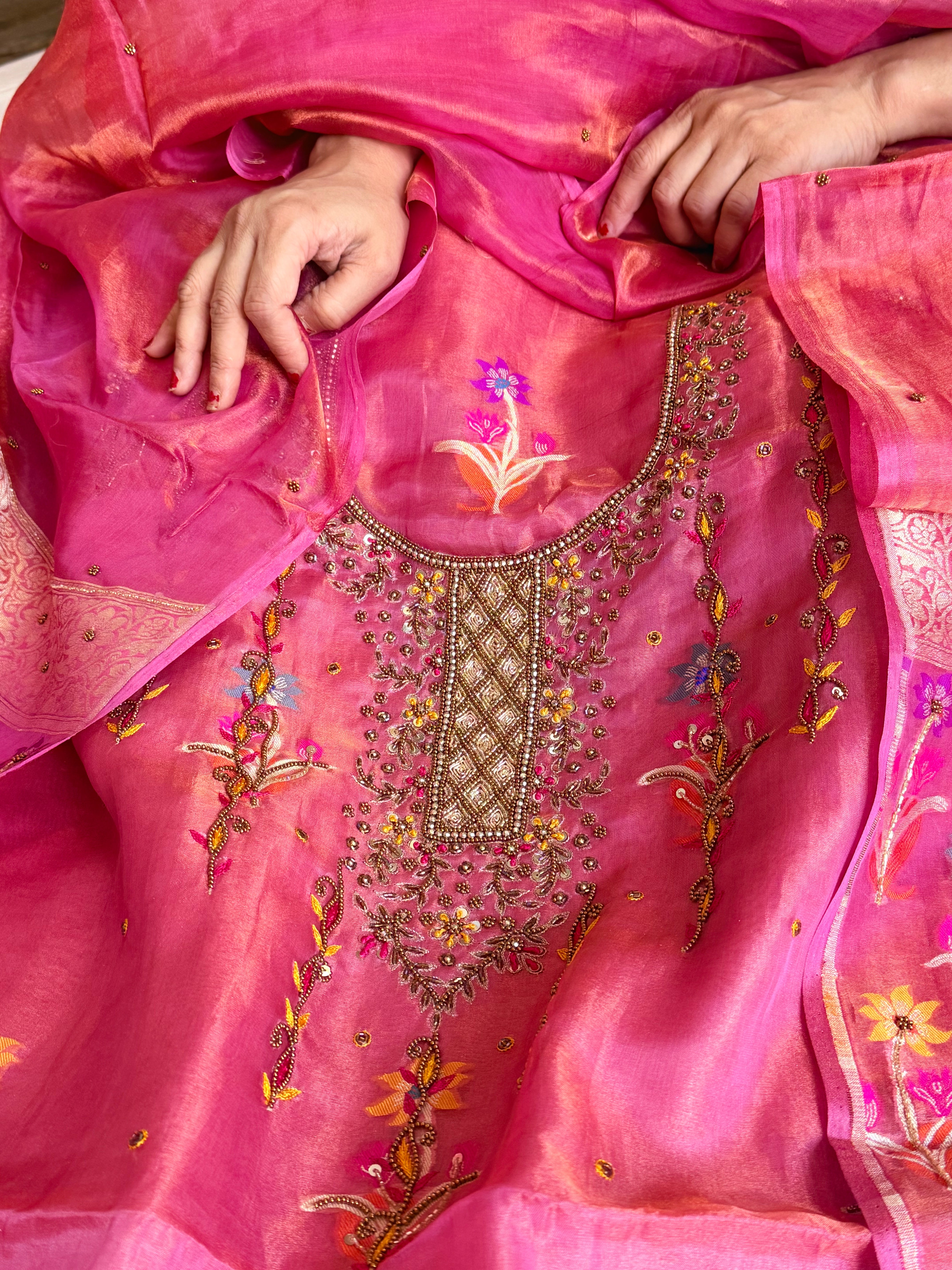 Banarasi tissue silk lotus pink tissue silk meenakari hand embroidered suit set