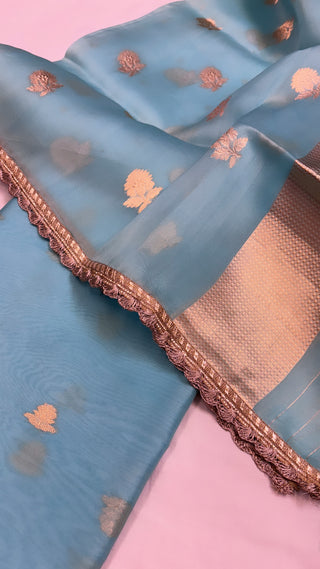 Pure banarasi firozi blue kora silk kadhwa buti stunning suit set with gotapatti work on duppata