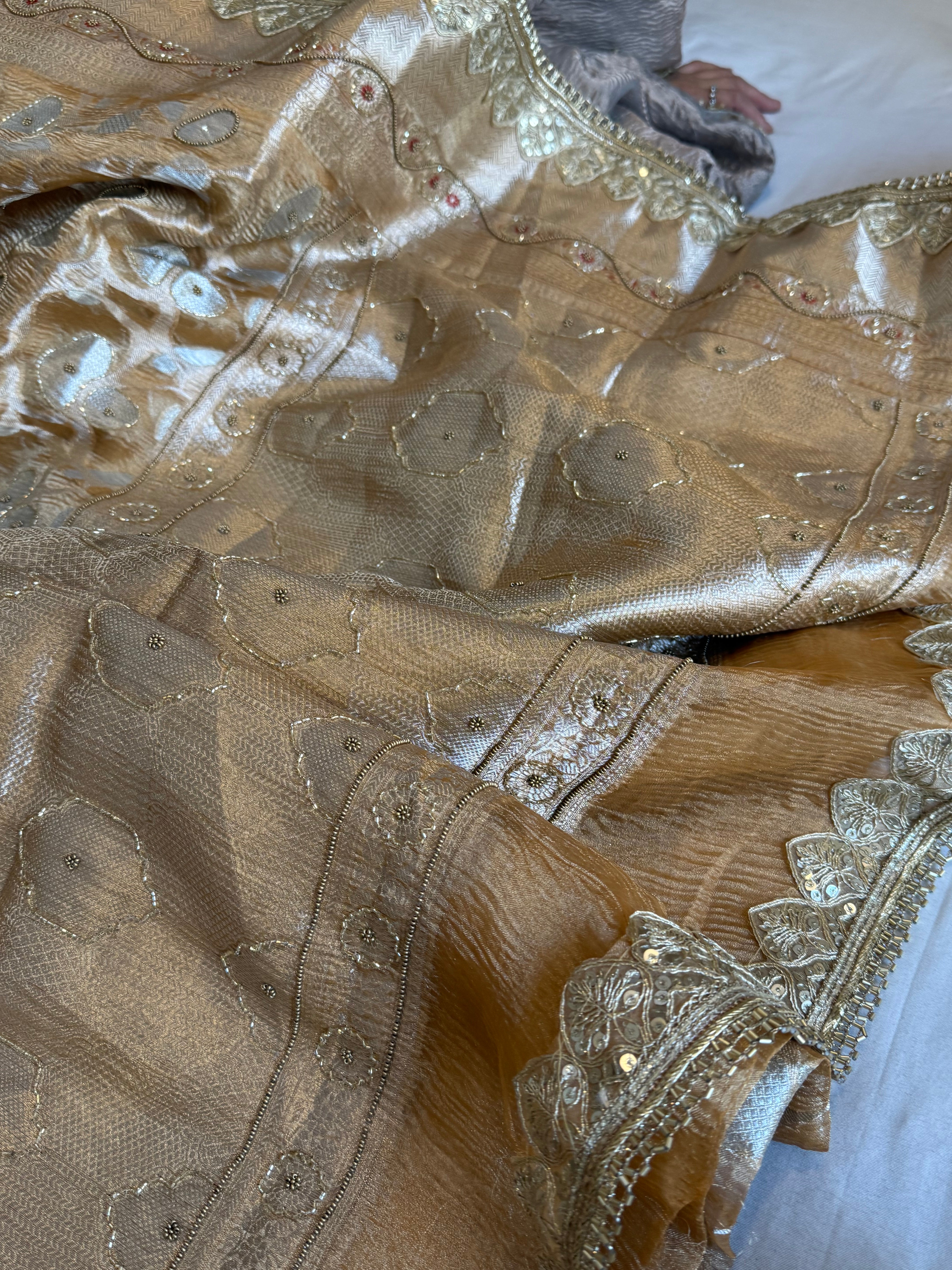 Mehfil sona rupa crushed tissue silk hand embroidered kadhwa saree