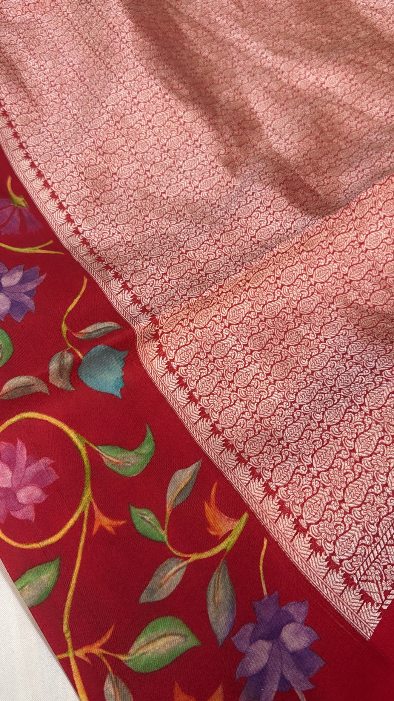 Bridal red banarasi brocade silk floral satin border kadhwa weaving saree