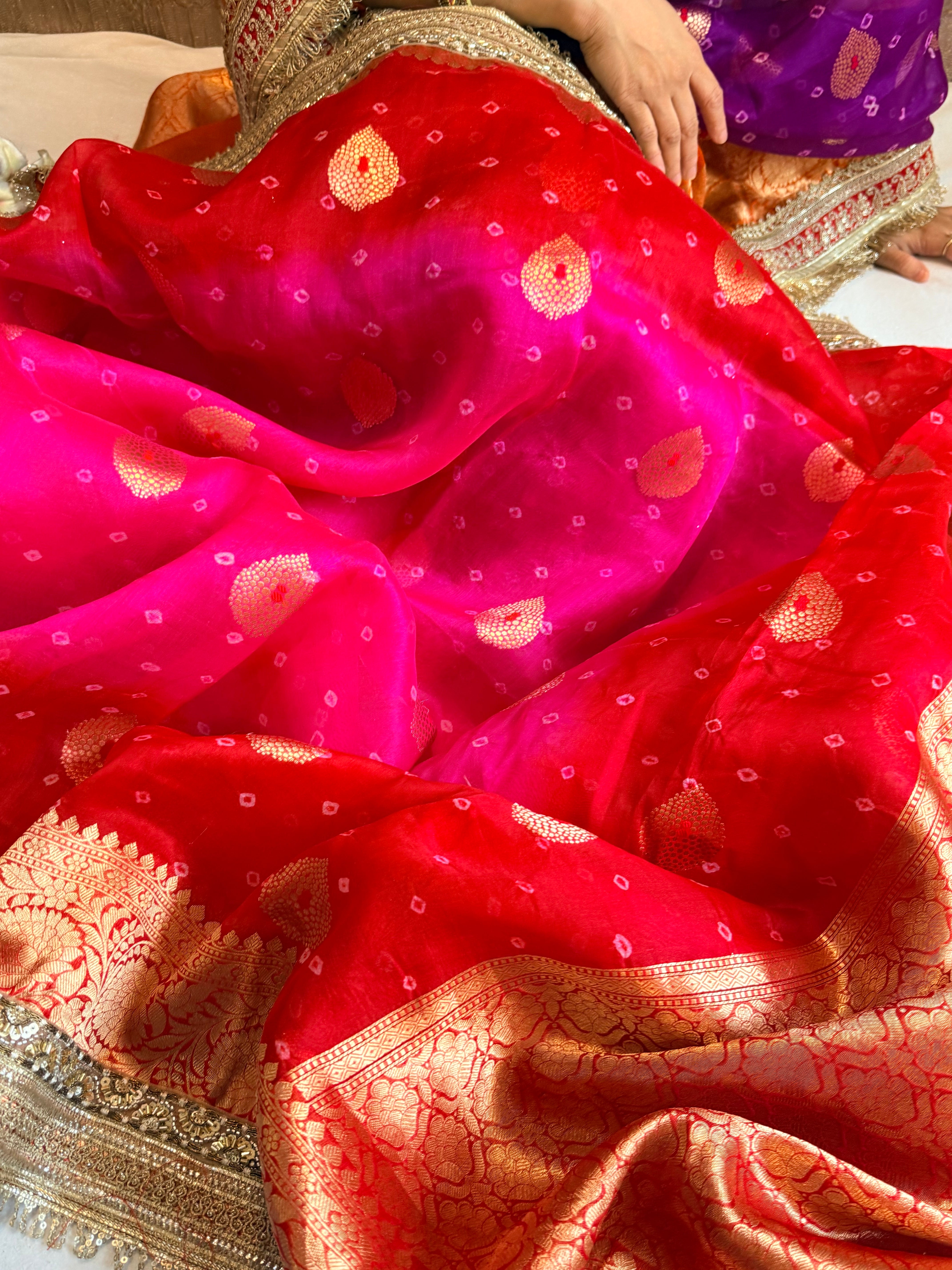 Mayra wali saree - Kora silk bandhej work meenakari gotapatti saree