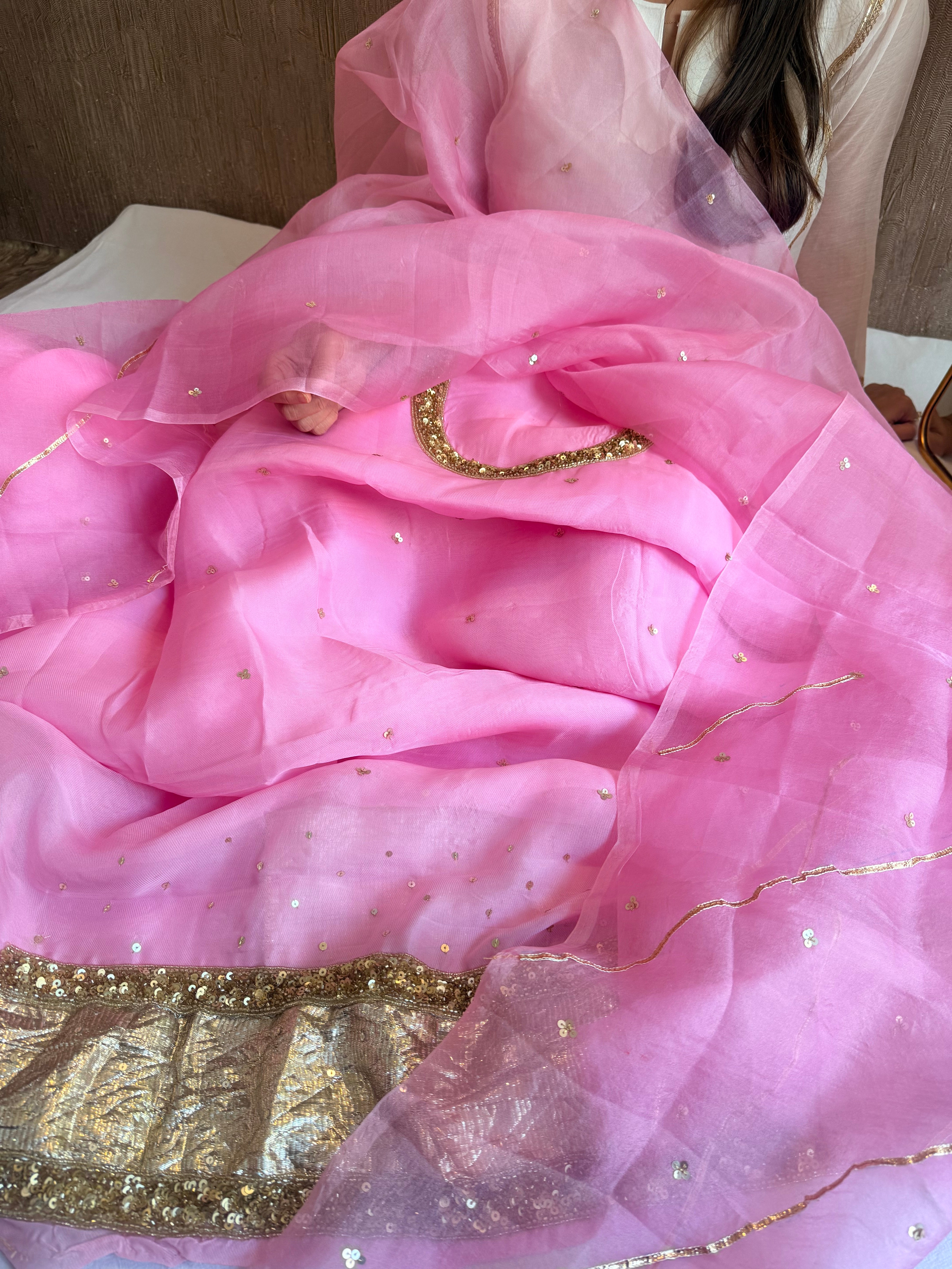 Blush lotus pink kora silk hand embroidered kadhwa suit set