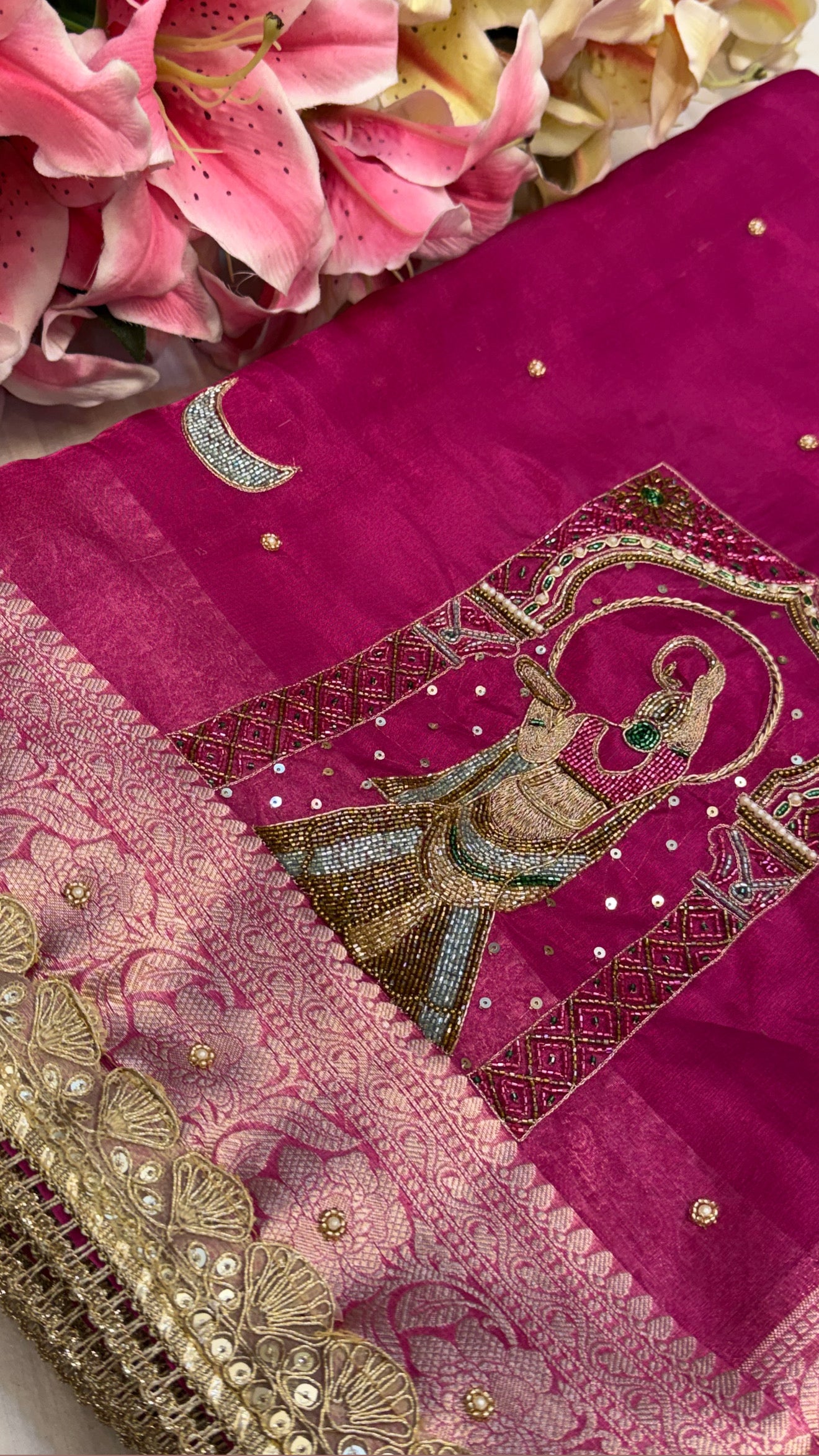 Karwachauth special - Hot metallic pink tissue silk hand embroidered meenakari saree