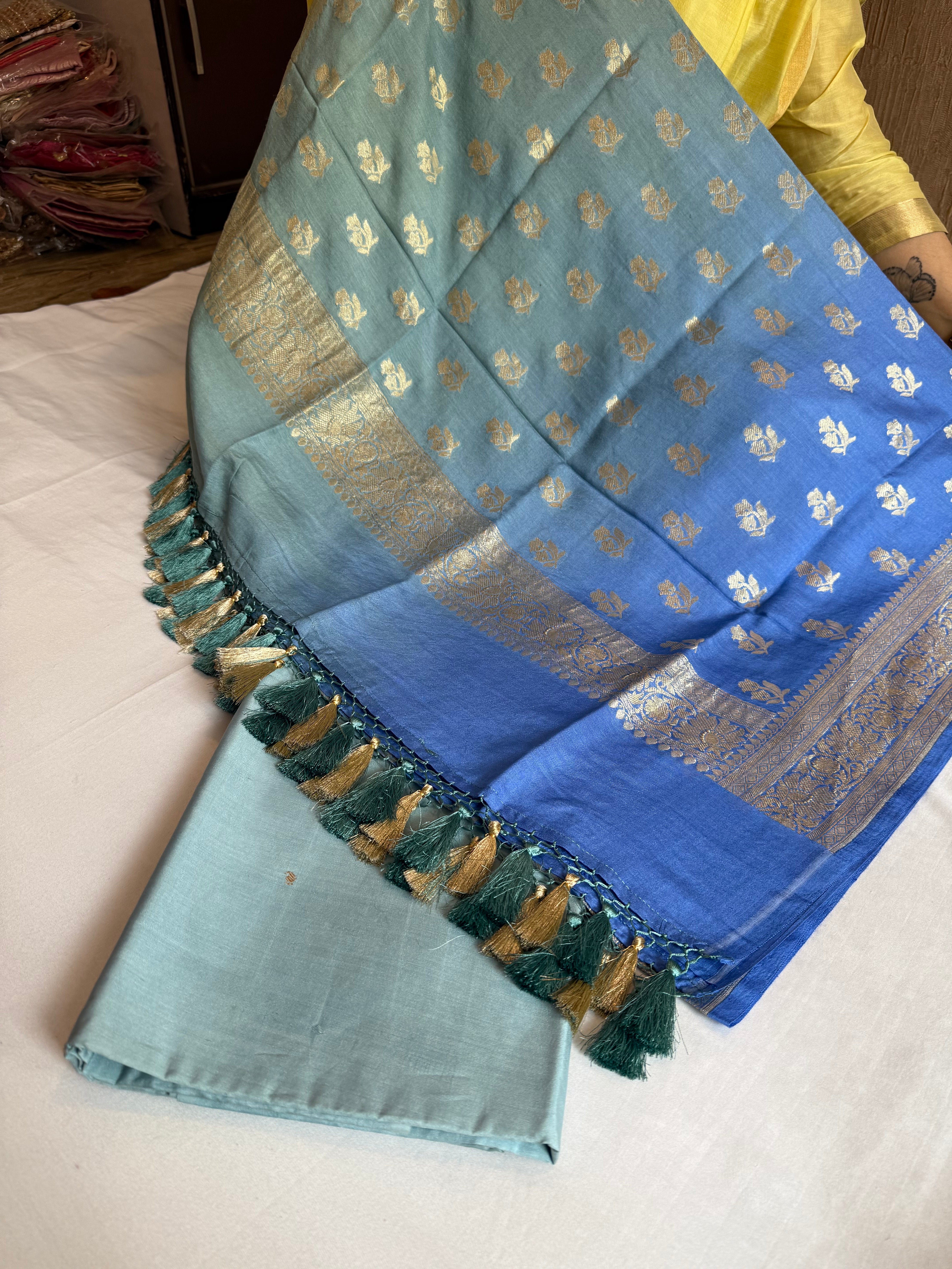 Persian sea blue ombre shaded moonga silk kadhwa buti suit sets