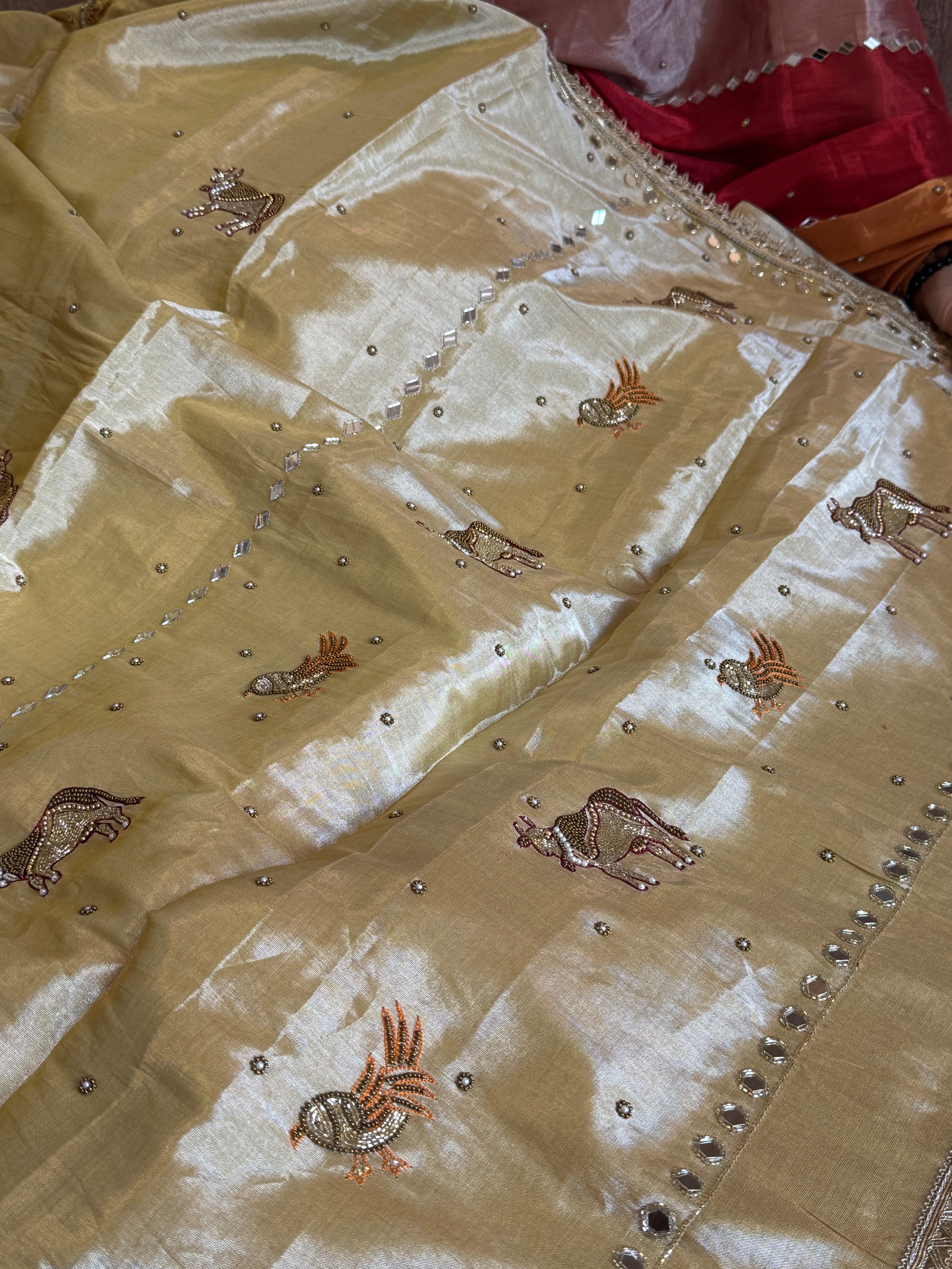 Satin tissue silk ivory gold hand embroidered kadhwa saree