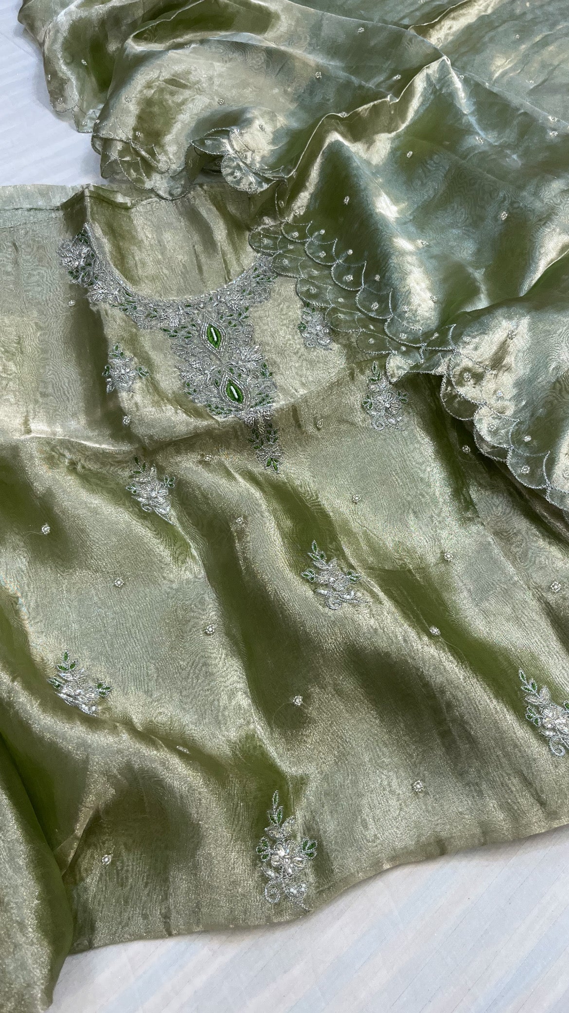 Mint green diamond tissue silk hand embroidered suit set