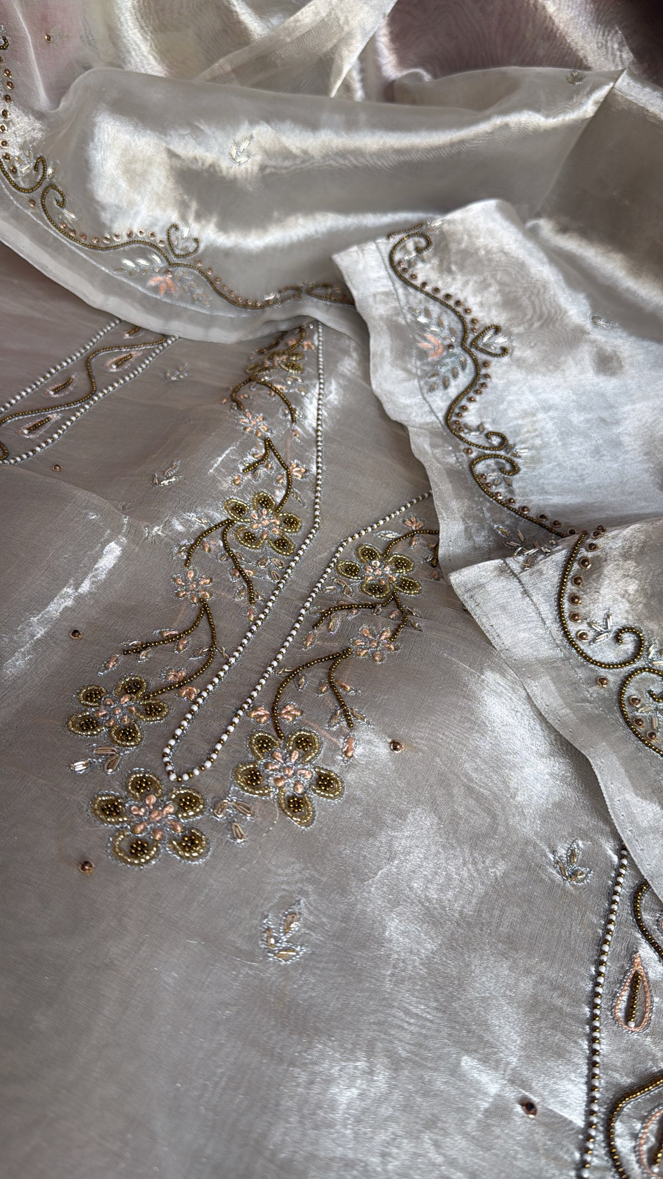 Diamond tissue silk hand embroidered heeramandi kadhwa suit set