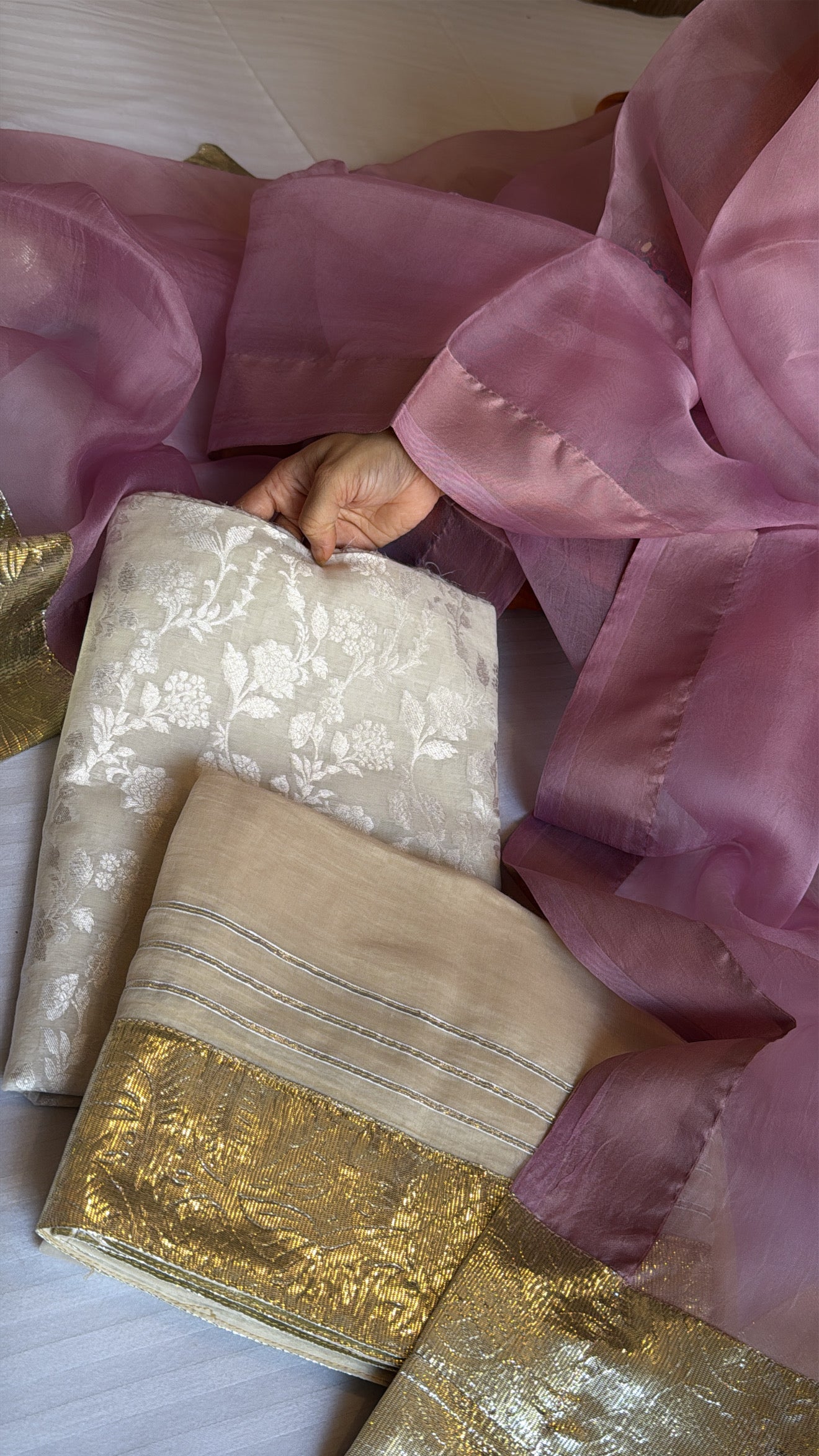 Ivory handloom cotton kadhwa jaal gotapatti suit paired with mouve kora silk gotapatti duppata set