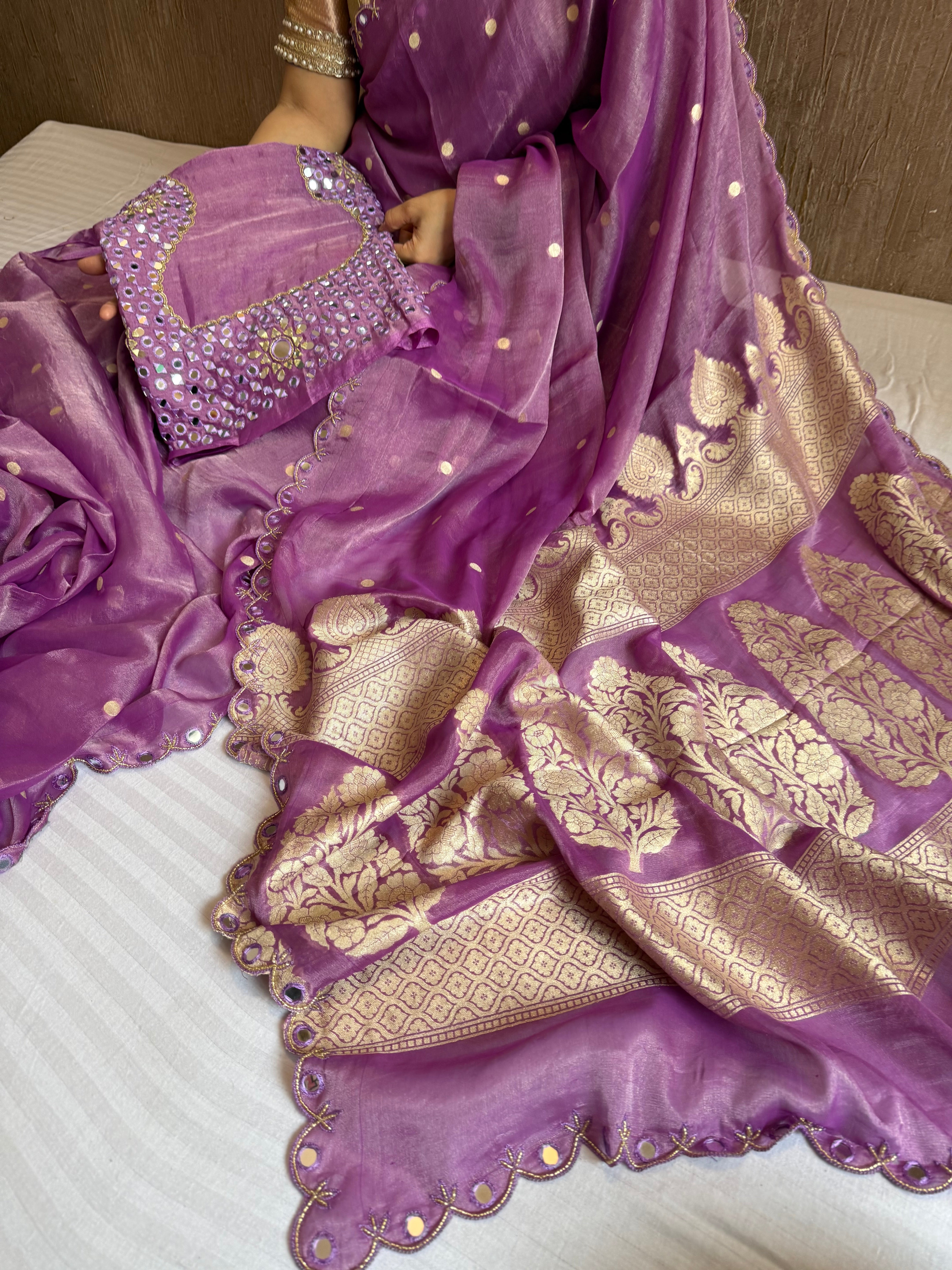 Deep purple tissue gorgette kadhwa hand embroidered saree