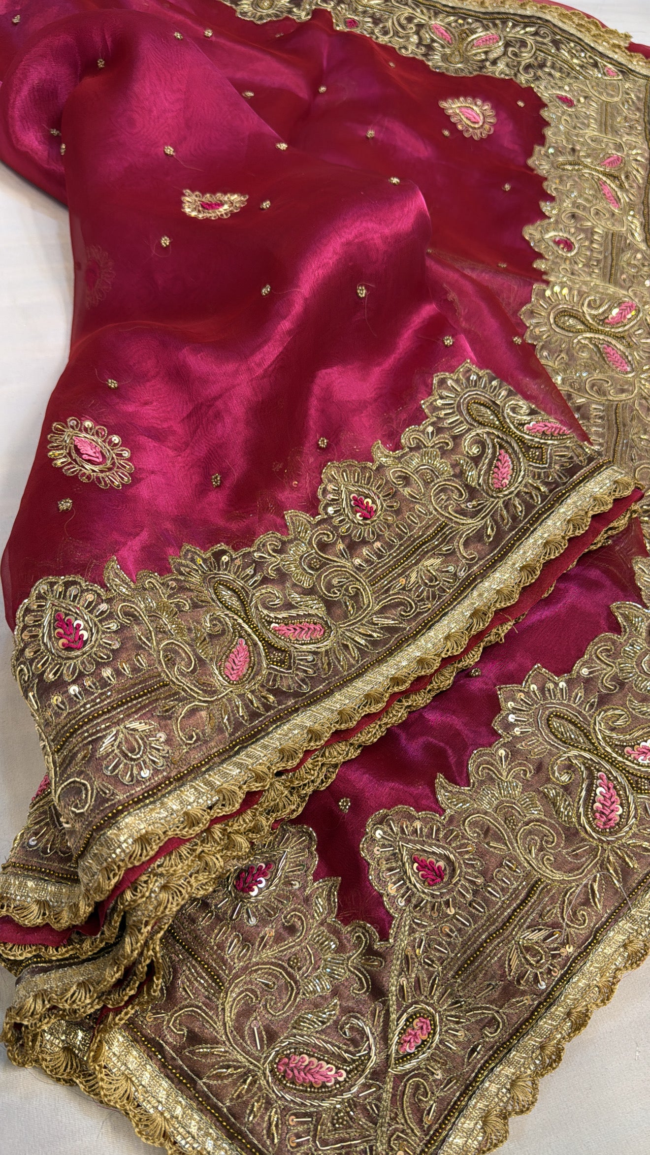 Husn metallic pink heavy zardozi border tissue silk hand embroidered saree