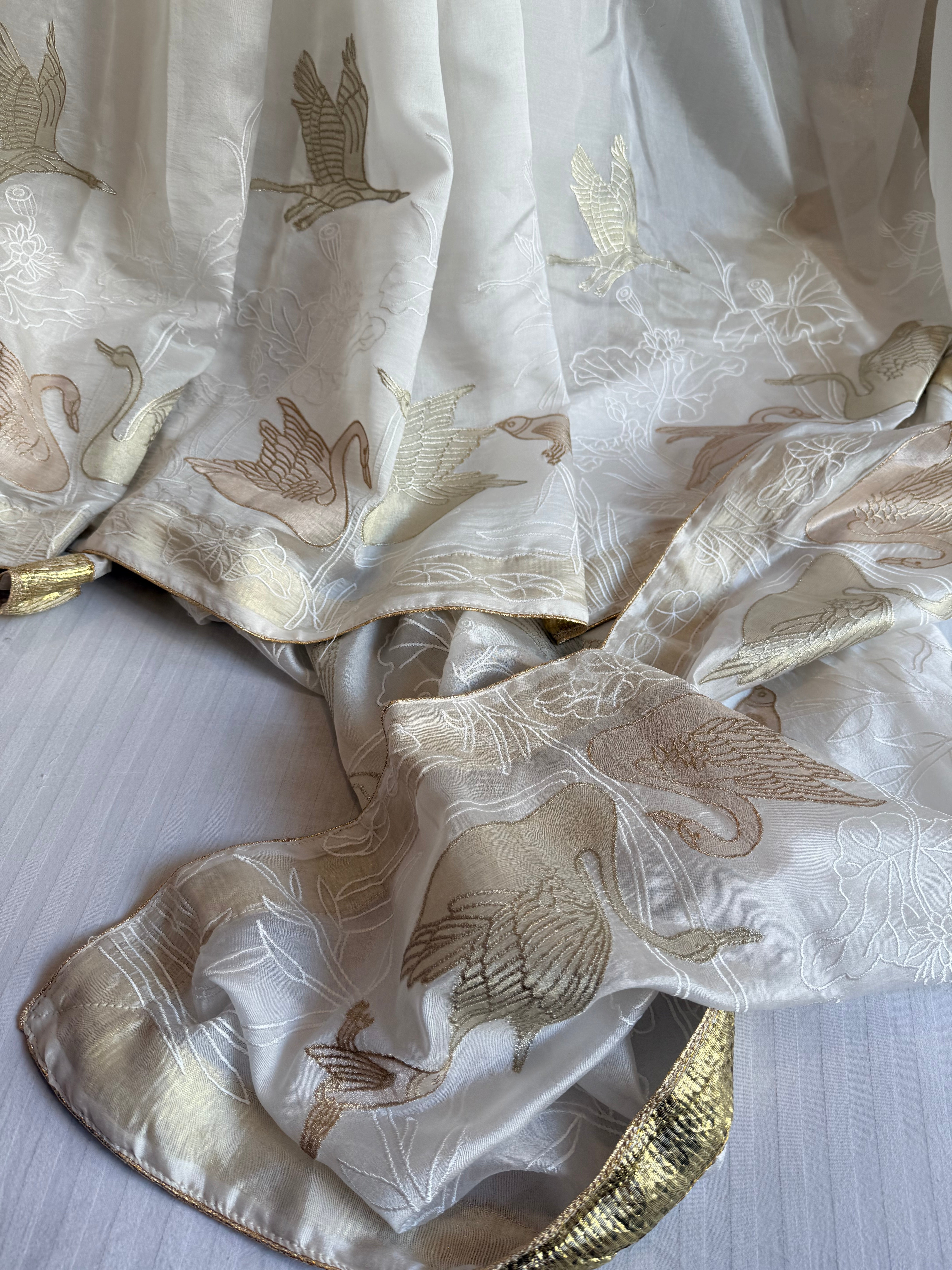 Hans wala safeed spun chiniya silk appliqué tissue hand embroidered lampiwork saree