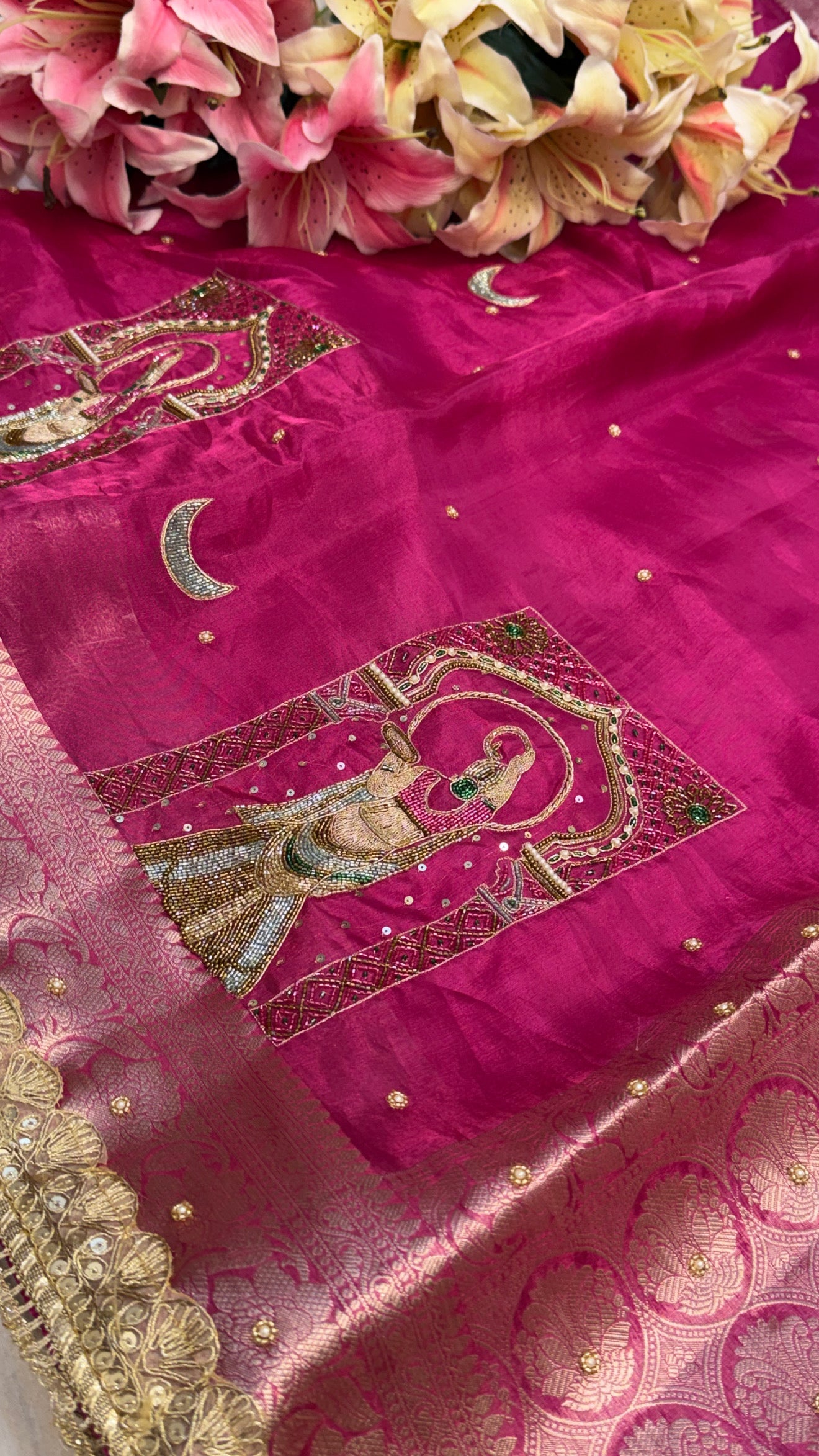 Karwachauth special - Hot metallic pink tissue silk hand embroidered meenakari saree