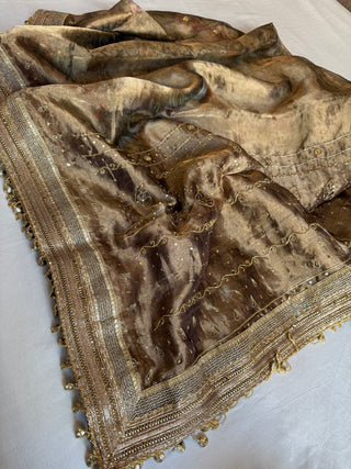 Printed tissue silk heavy hand embroidered kadhwa sarees