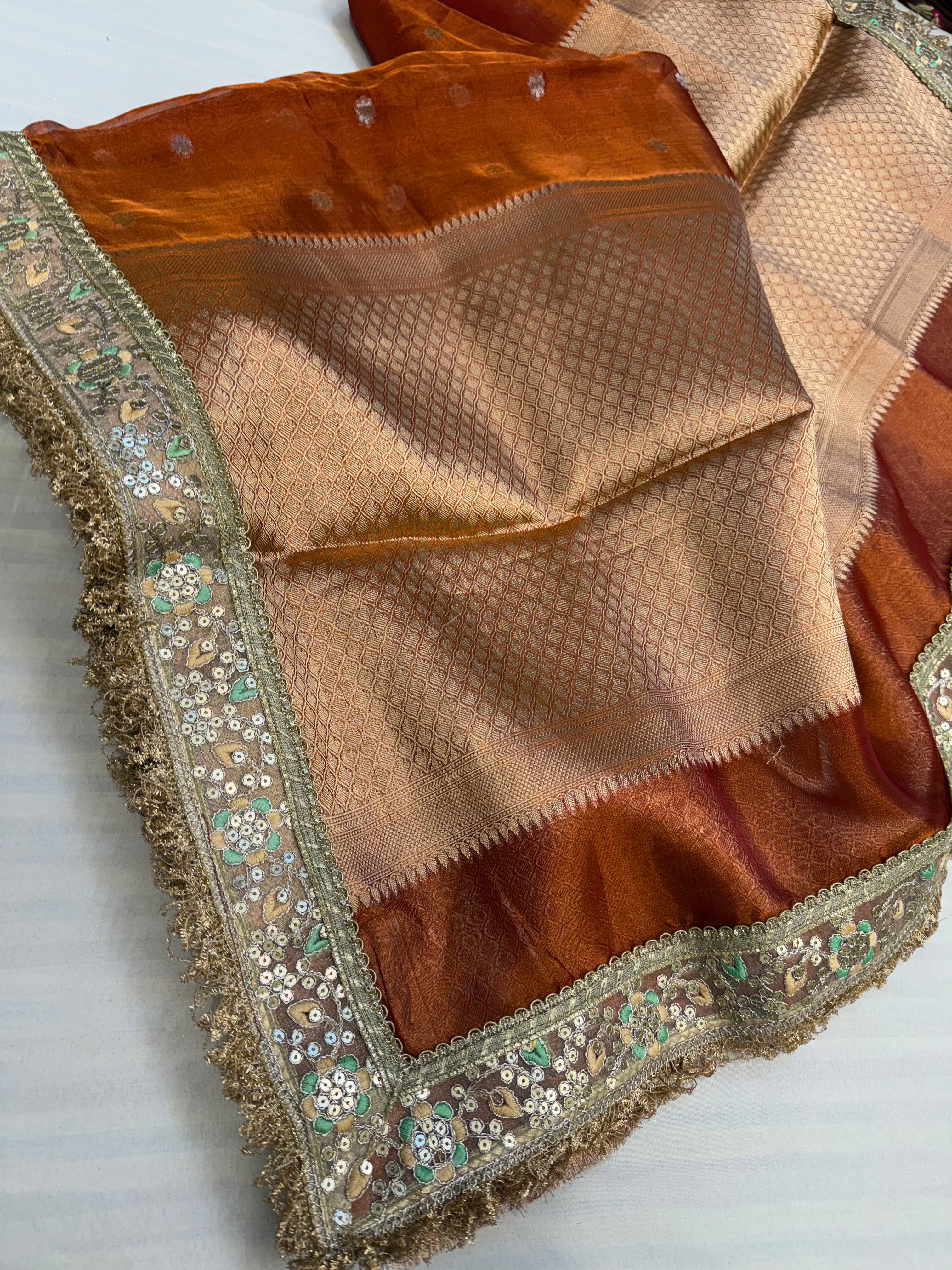 Bright fanta orange maharani tissue silk kadhwa saree