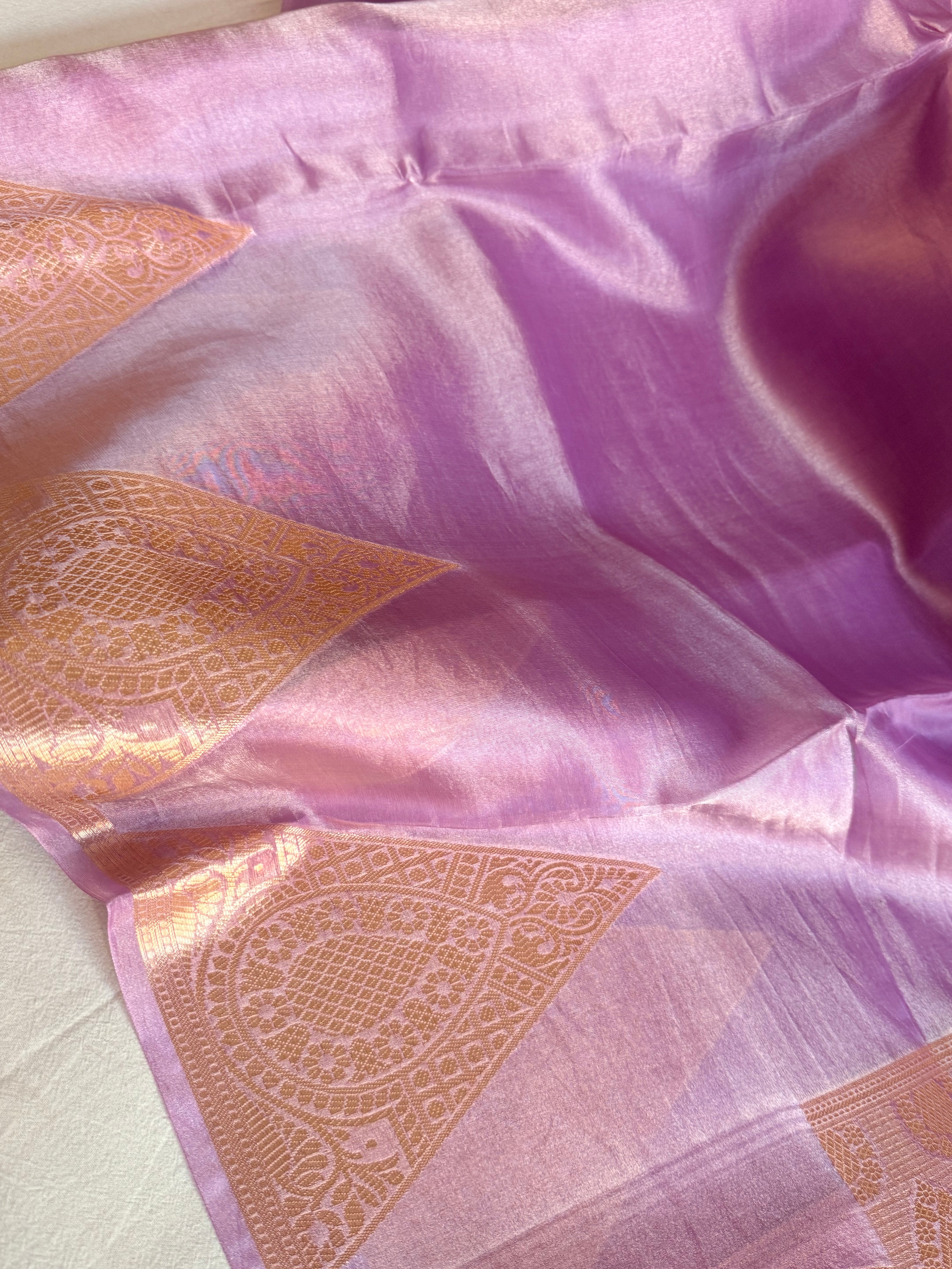 Below 10k - Temple border tissue silk dhup chao effect kadhwa saree